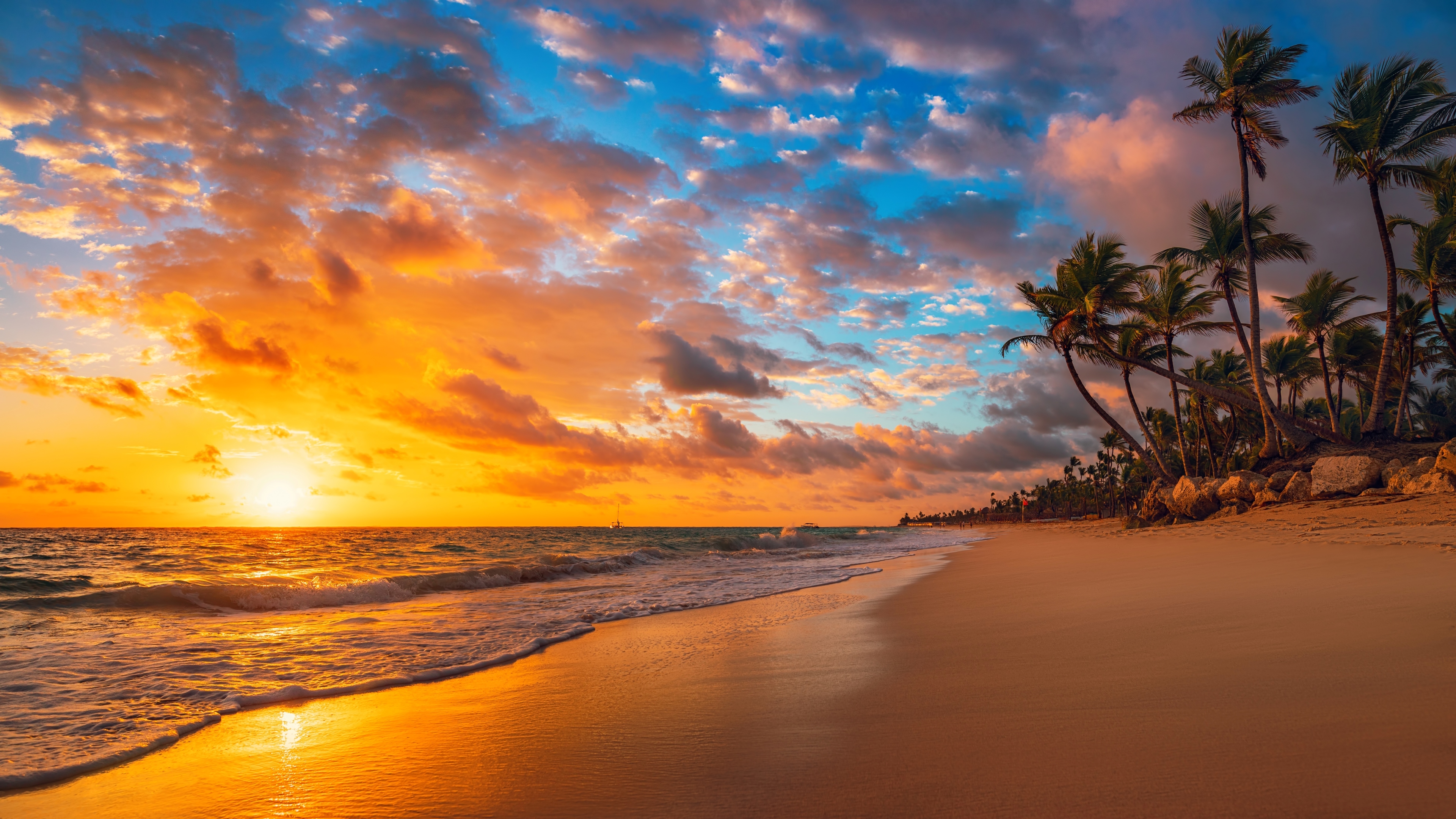 Beach Sea Nature Sunset Waves Sky Clouds Palm Trees Tropic Island Landscape Water 3840x2160