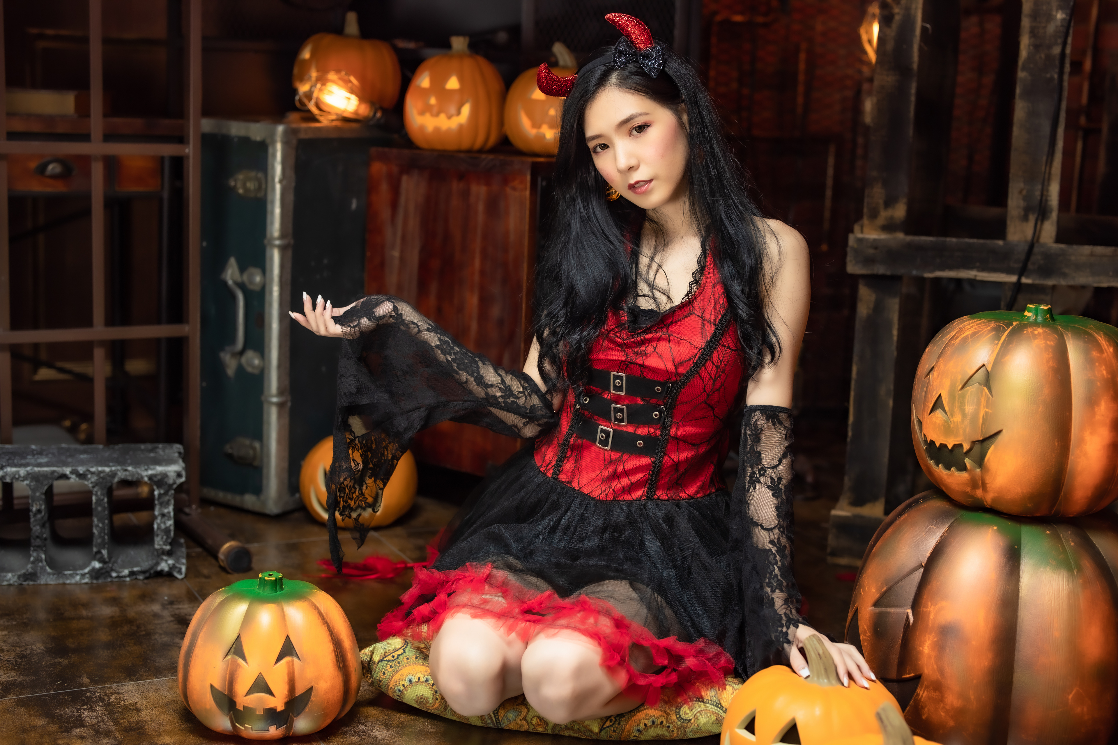 Asian Model Women Long Hair Dark Hair Halloween Jack O Lantern 3840x2560