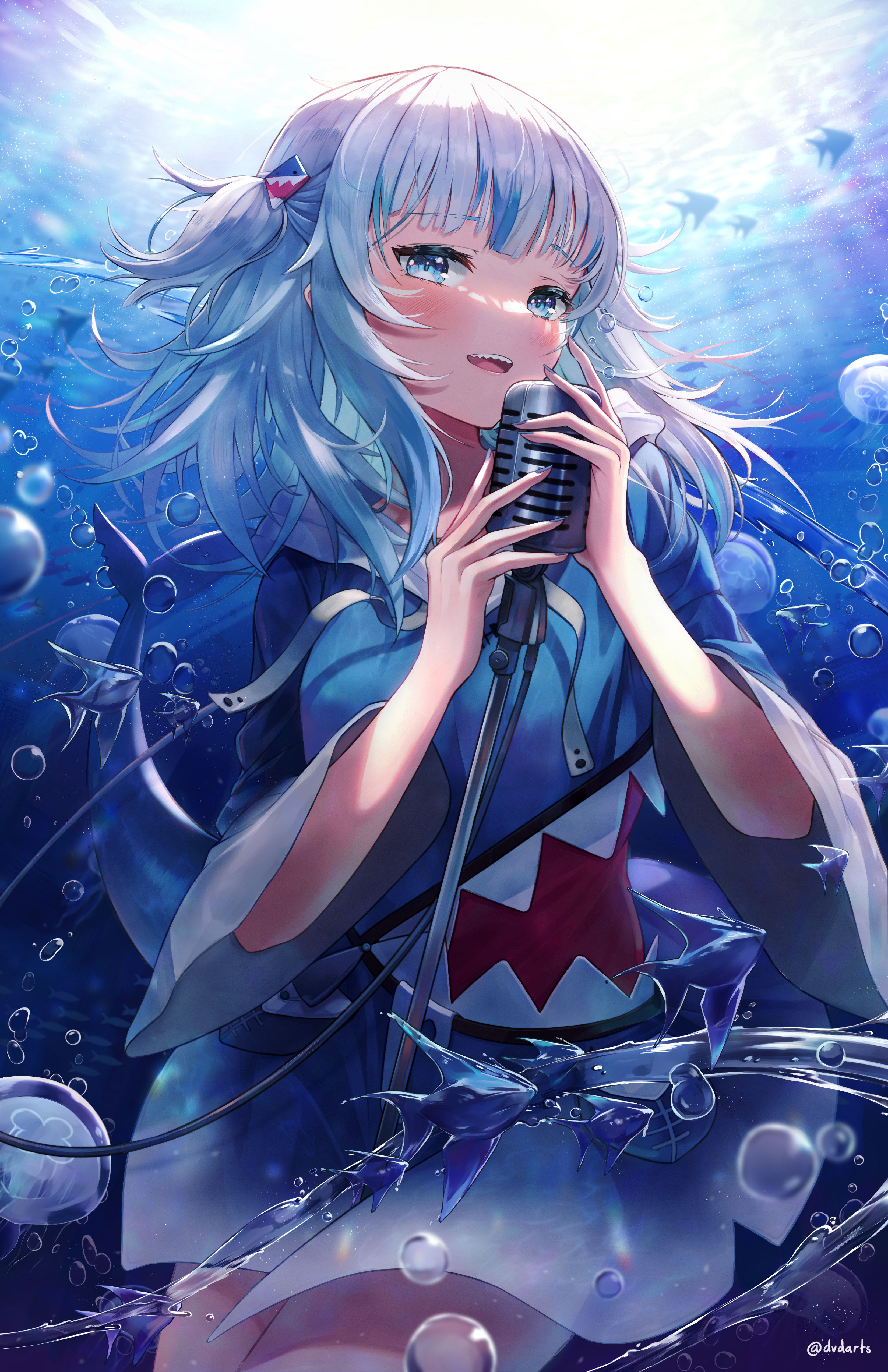 Anime Anime Girls Virtual Youtuber Hololive Gawr Gura Tail Underwater Bubbles Blue Eyes Shark Tail M 3300x5100