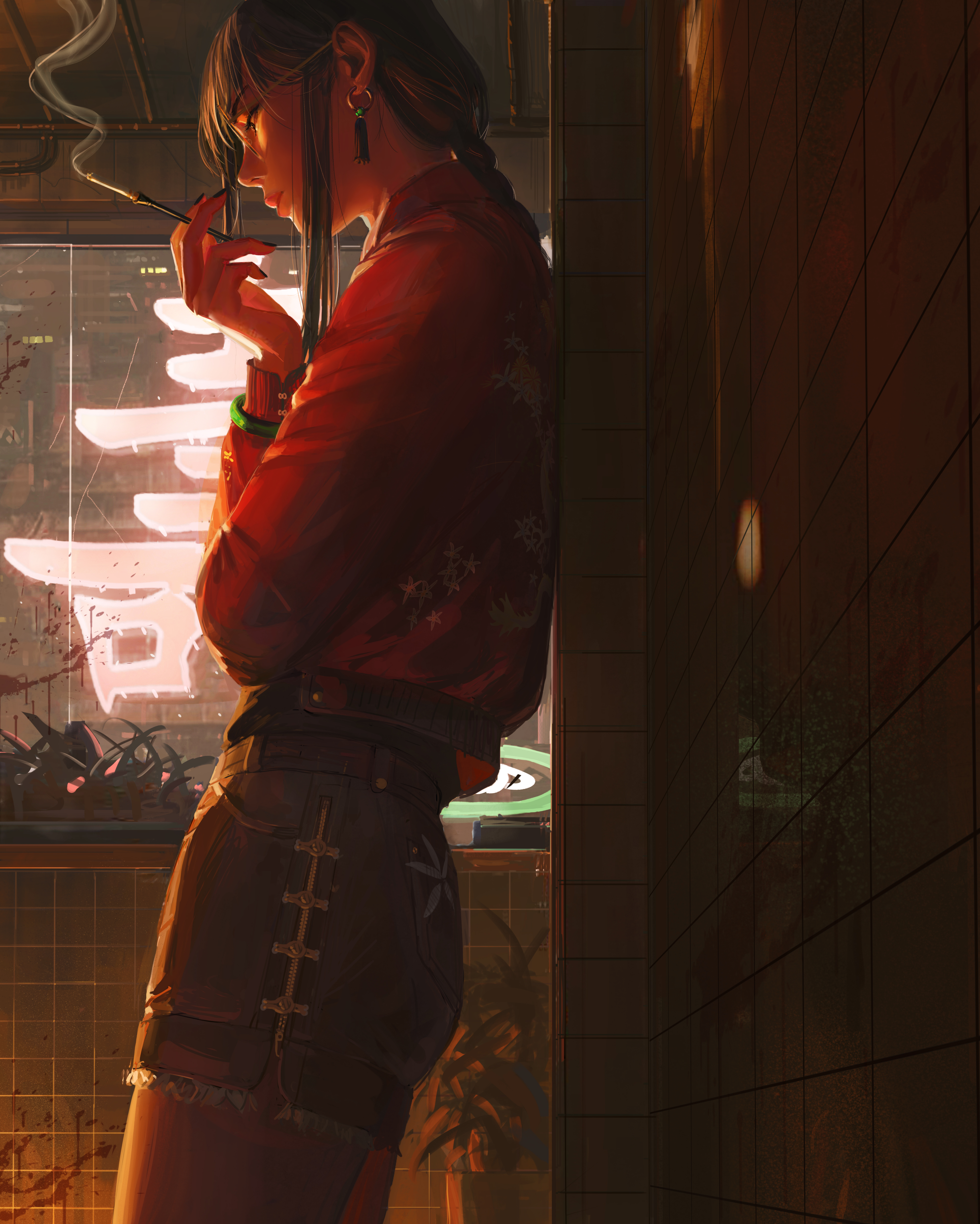GUWEiZ Digital Art Artwork Illustration Women Smoking Neon Sign Glasses Leaning Cigarettes 4000x4997