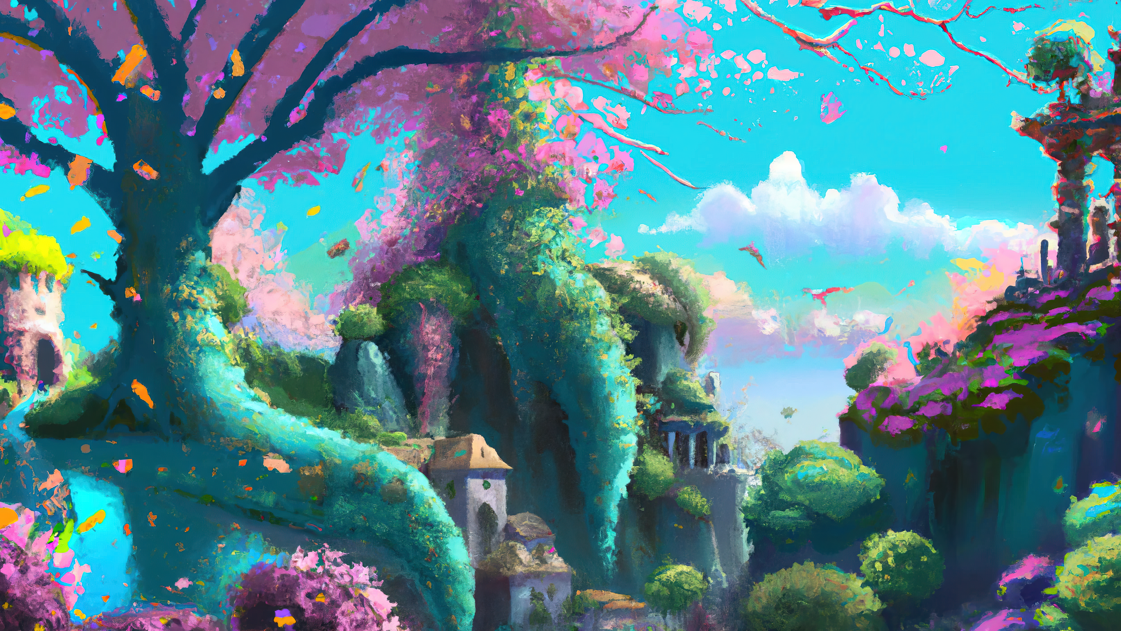 Ai Art Ai Painting Painting Fantasy Art Garden Flowers Cherry Blossom Nature Landscape Trees 3840x2160