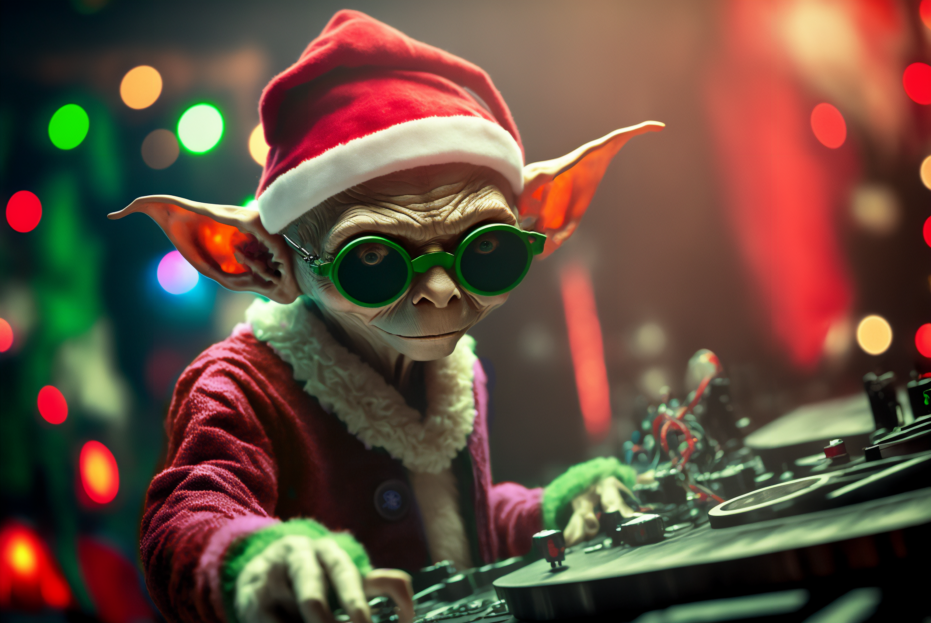 Ai Art Disc Jockey Party Room Bokeh Yoda Star Wars Christmas Santa Hats Lights 3060x2048