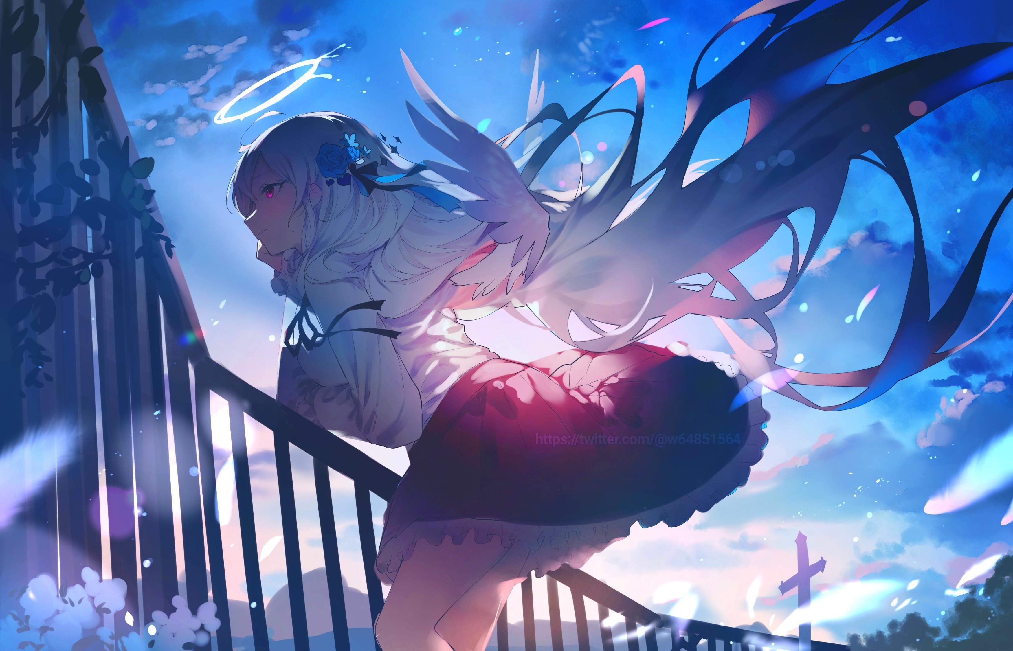W Artist Pixiv Anime Anime Girls Wings Sky Clouds Schoolgirl School Uniform Nimbus Skirt Long Hair L 3500x2250