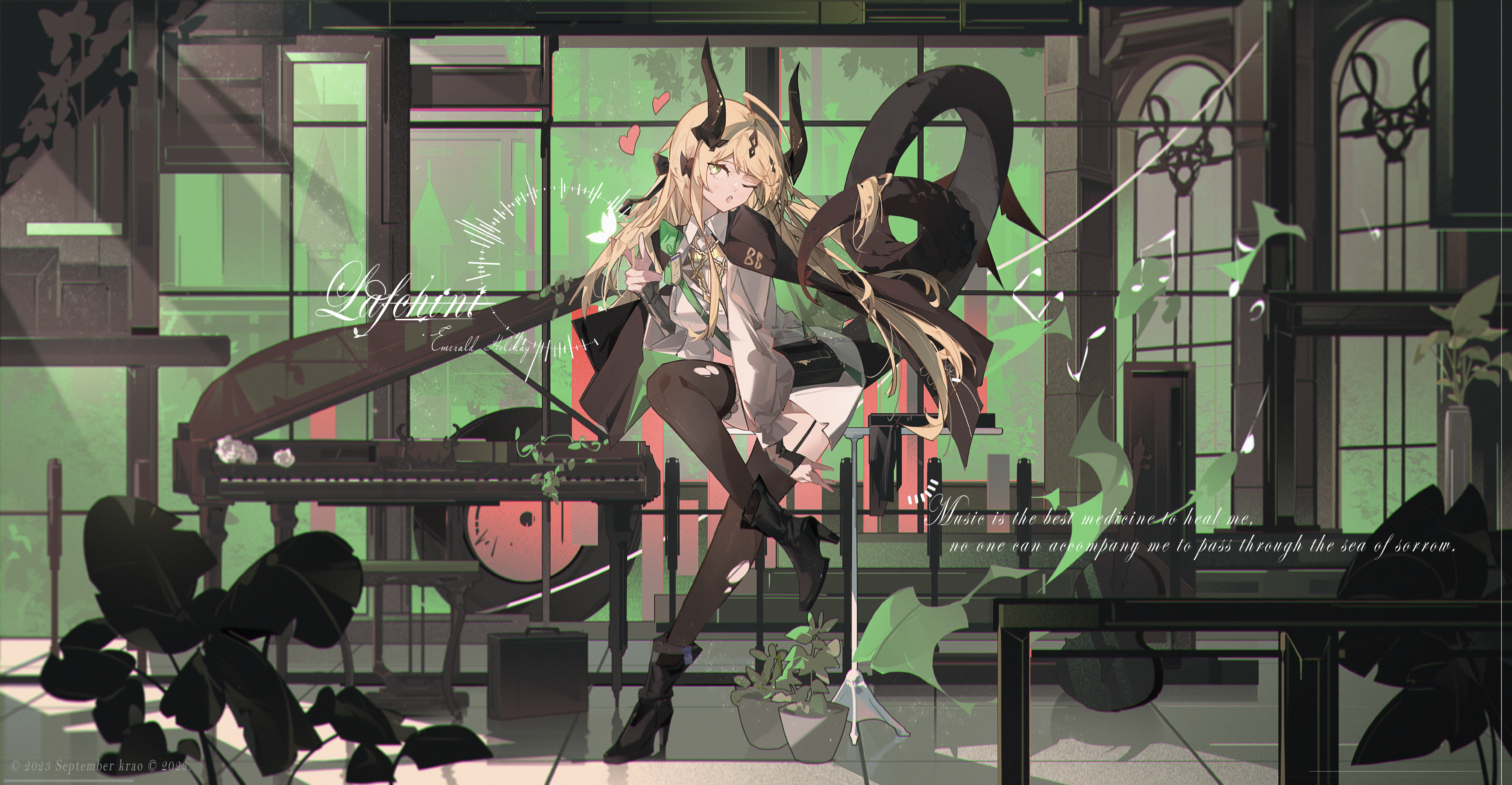 Anime Anime Girls Arknights Reed Arknights One Eye Closed Piano Musical Instrument Long Hair Blonde  8308x4312