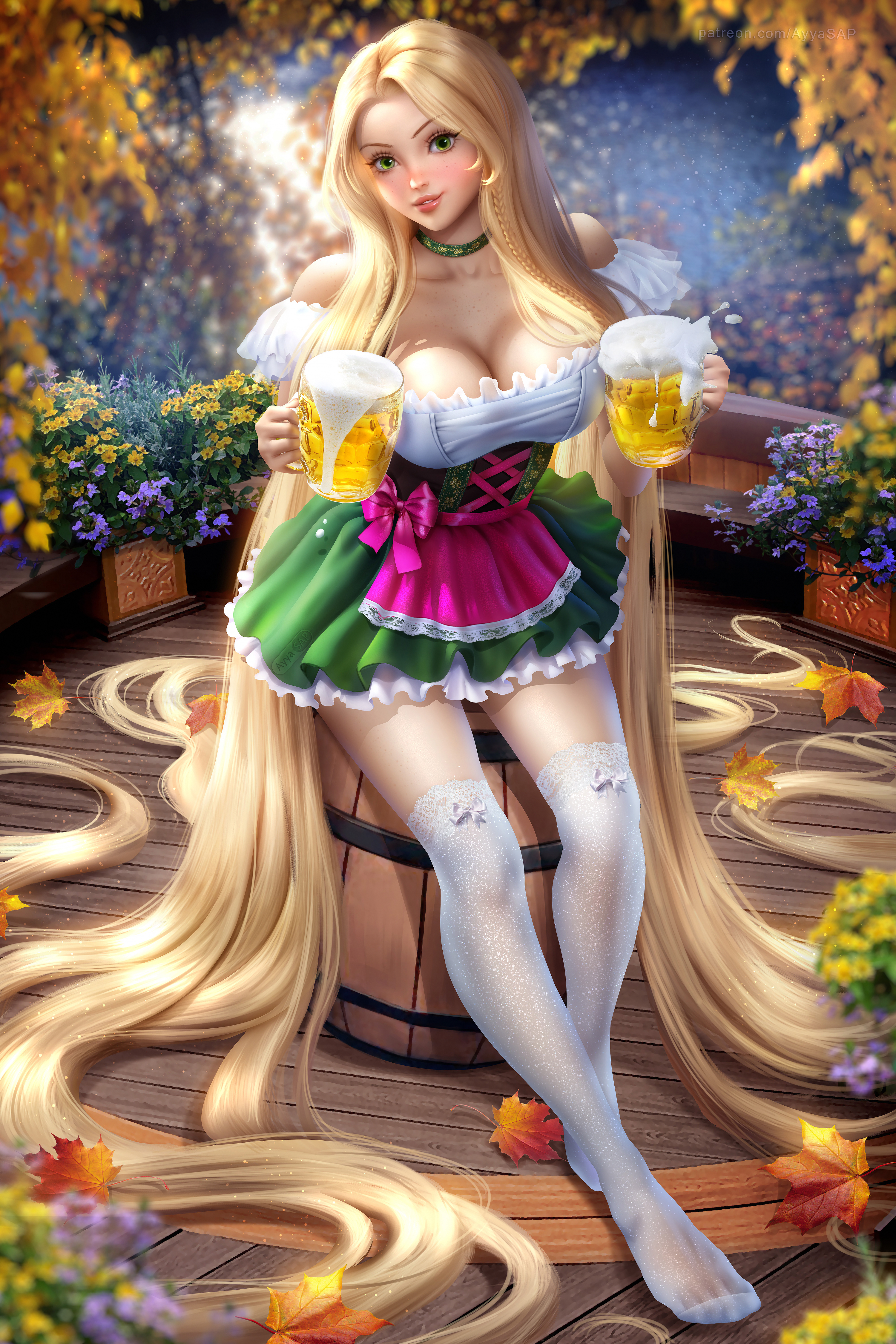 Rapunzel Disney Princesses Fictional Character Beer Blonde Long Hair 2D Artwork Drawing Fan Art Ayya 3000x4500