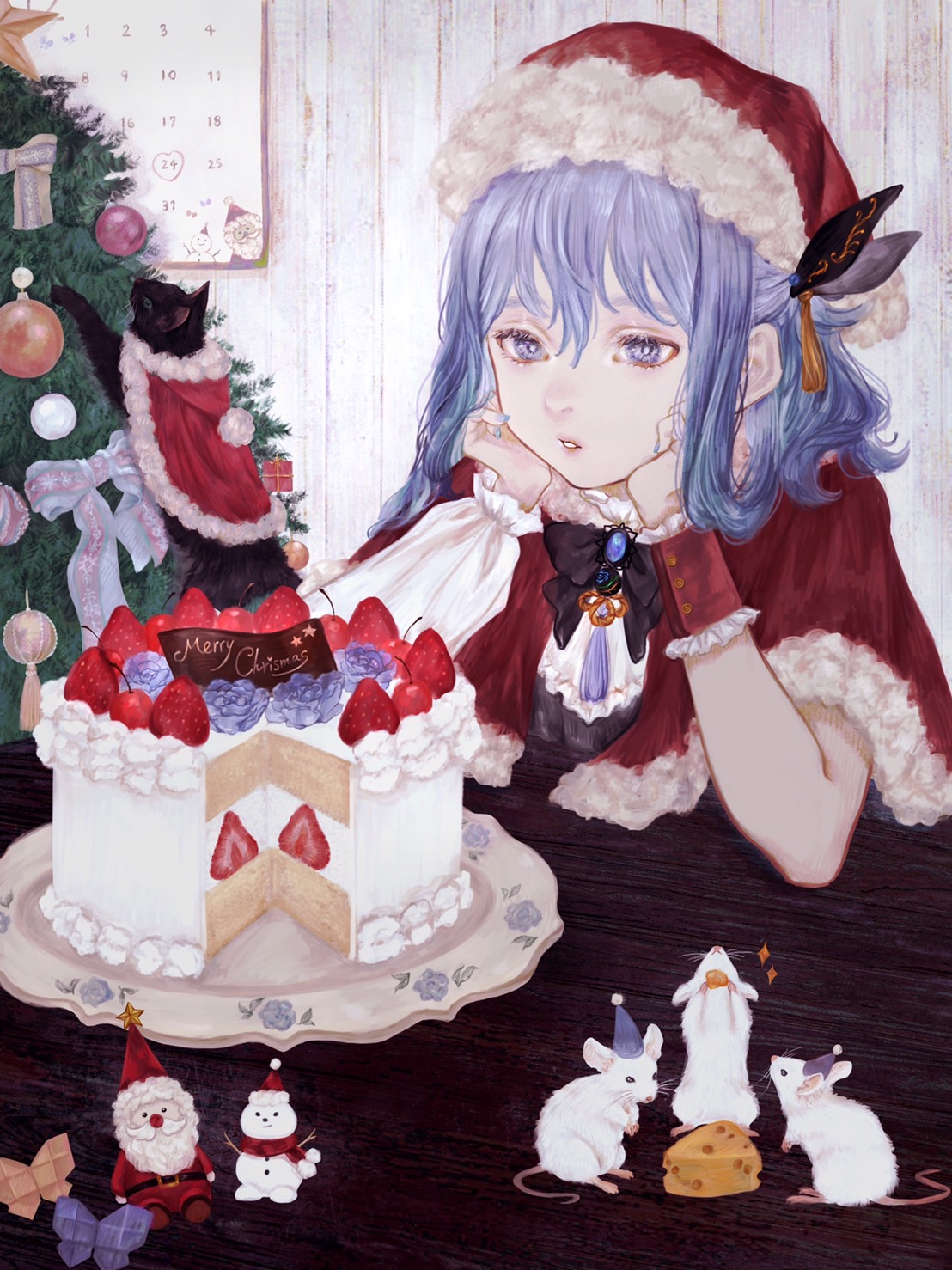 CiEL KAMiTSUBAKi Anime Girls Santa Hats Cake Strawberries Fruit Christmas Tree Blue Hair Blue Eyes M 1108x1478