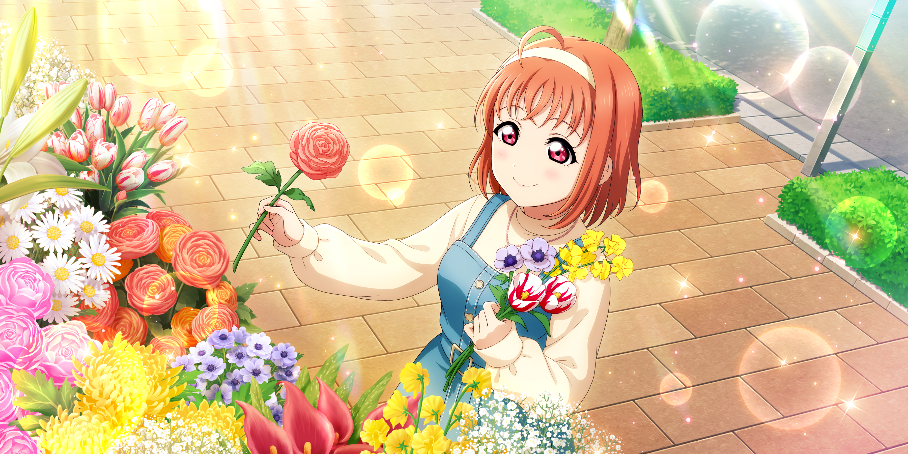 Takami Chika Love Live Sunshine Love Live Anime Anime Girls Smiling Blushing Flowers Stars Sunlight  3600x1800