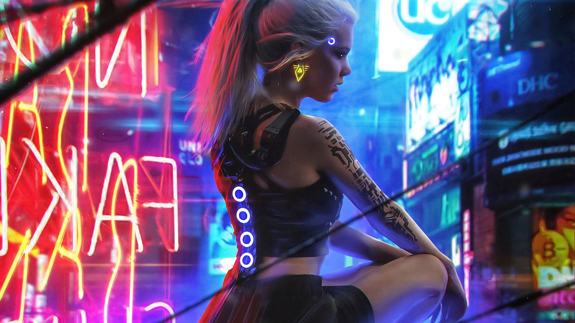Women Tattoo Ponytail Neon Futuristic CD Projekt RED Cyberpunk 2077 1920x1080