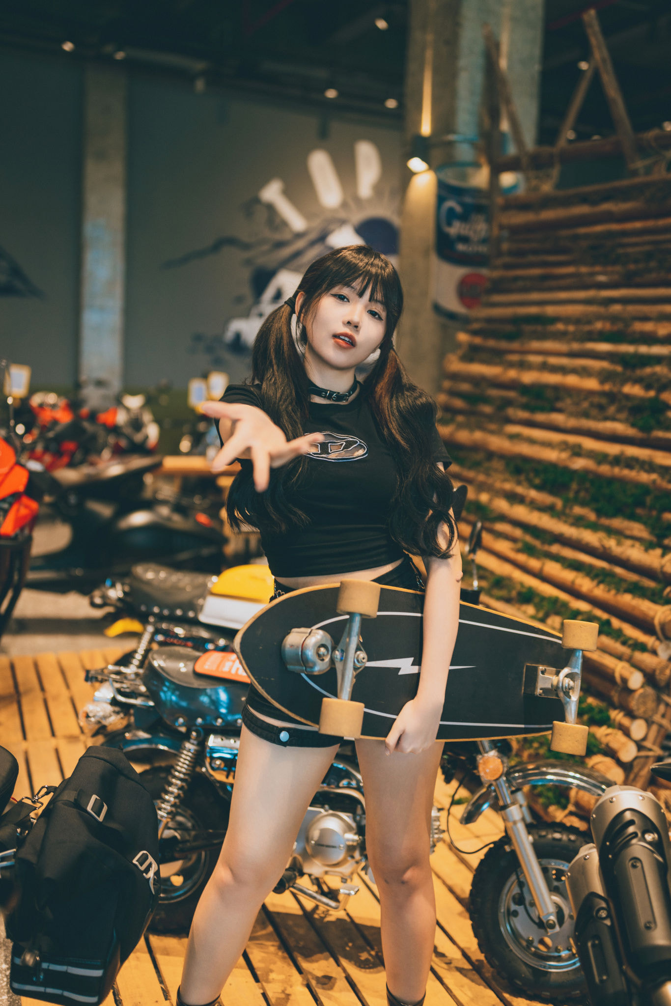 Qin Xiaoqiang Women Asian Twintails Skateboard Wheels Motorcycle Honda Shorts Dark Hair Surfskate 1366x2048
