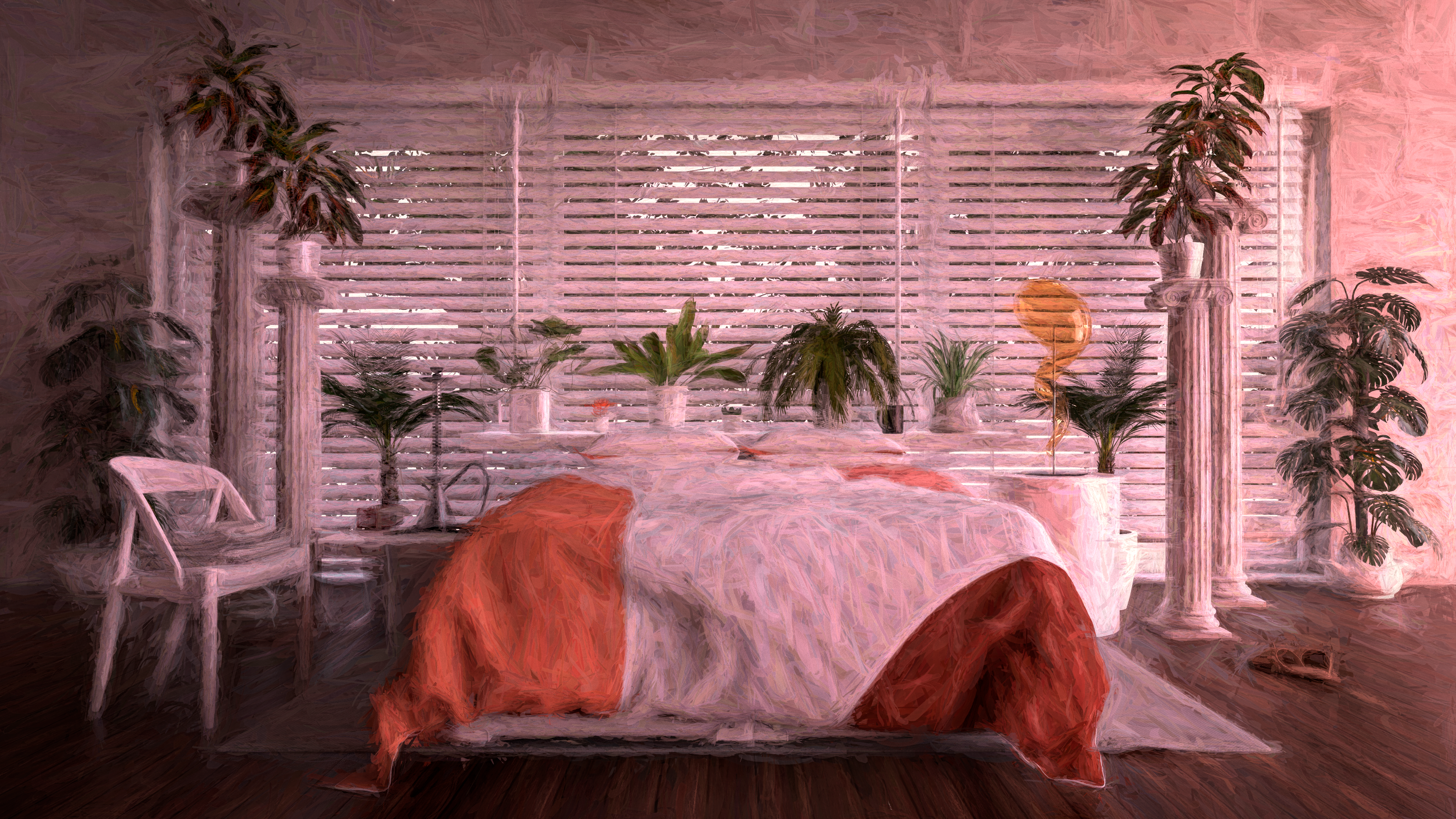 CGi Digital Art Shaders Oil Painting Bedroom Artwork 3D 4K Bed Indoors 3840x2160