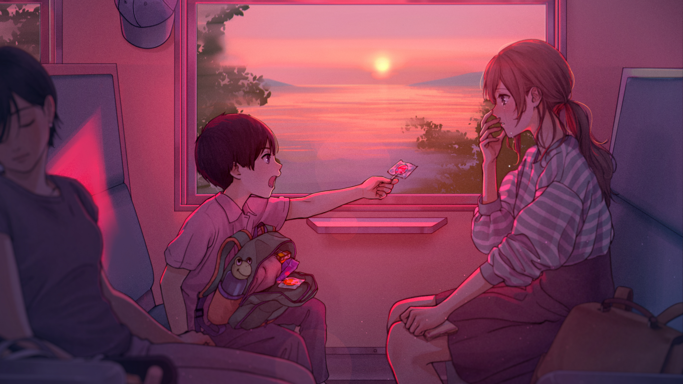 Anime Girls Brunette Train Lollipop Backpacks Crying Sunset Sunset Glow Water Sun Sitting Tears Clos 2894x1628