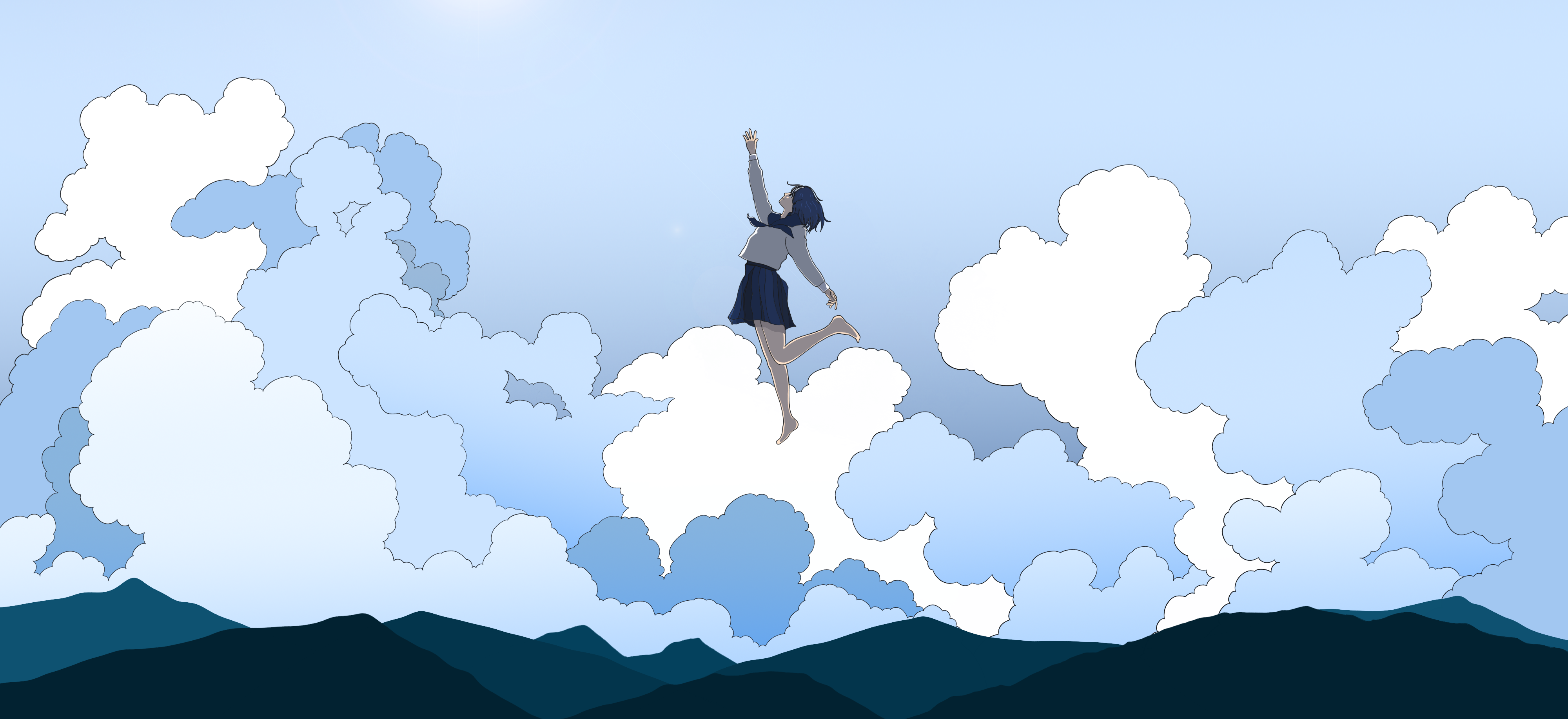 Digital Art Artwork Illustration Clouds Women Mountains School Uniform Sky Schoolgirl Jumping 4000x1836