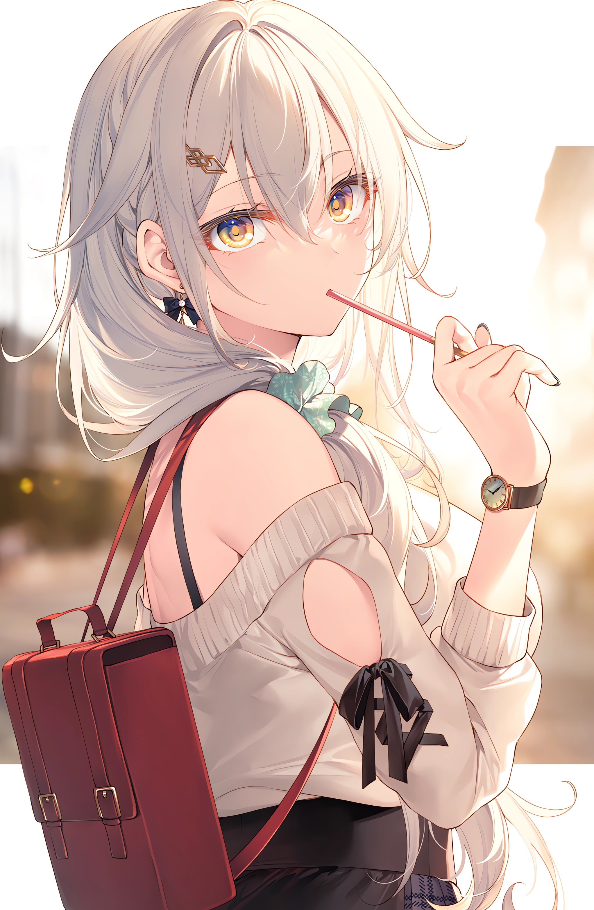 Anime Anime Girls Silver Hair Yellow Eyes Backpacks Portrait Display Looking At Viewer Earring Blurr 2044x3130