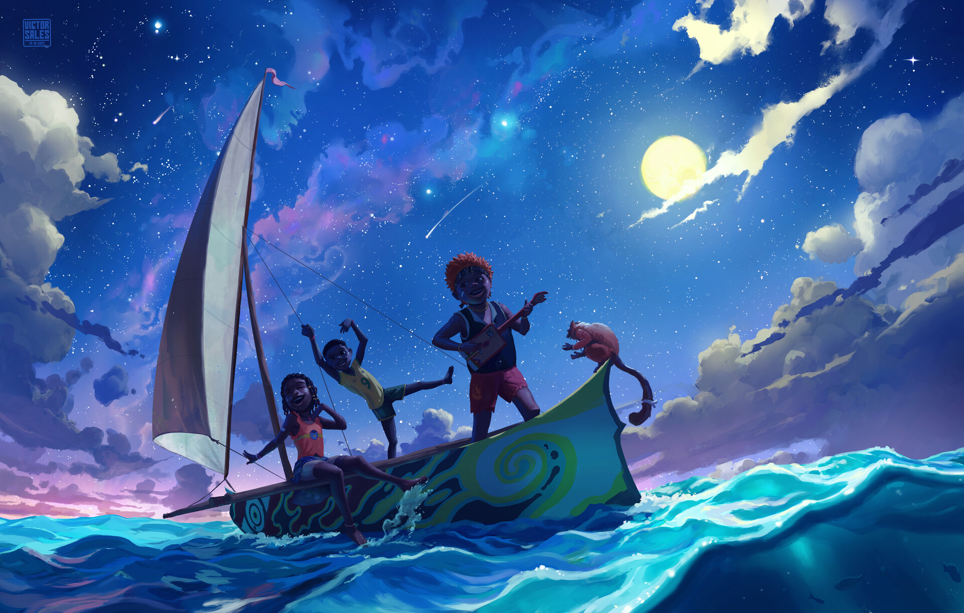 Victor Sales Digital Art Fantasy Art ArtStation Sailing Ship Night Sky Full Moon Children Monkey Gui 1920x1222
