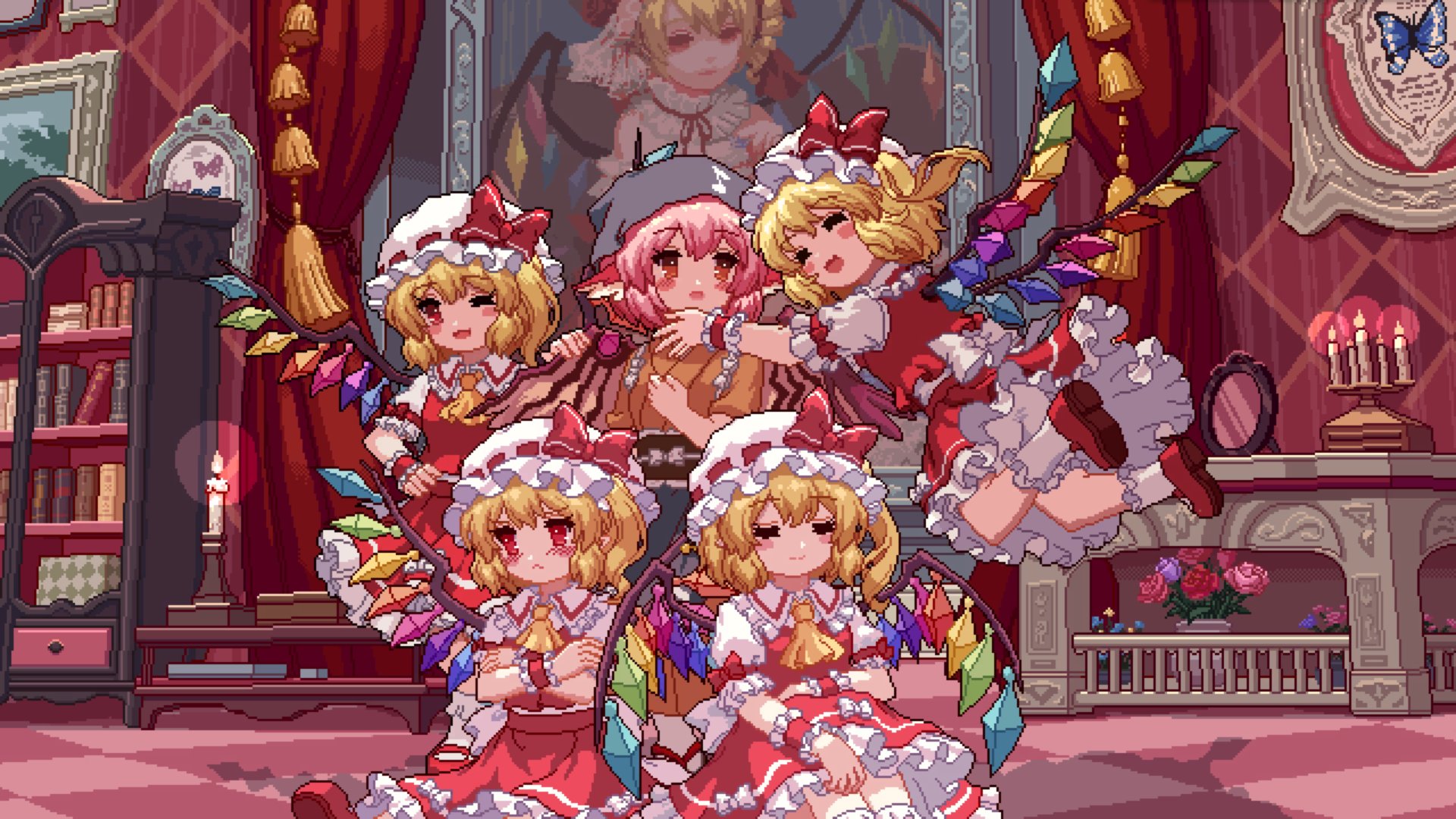 Touhou Pixel Art Digital Art Flandre Scarlet Arms Crossed Anime Girls Pixels Wings Dress Hat Bow Tie 1920x1080