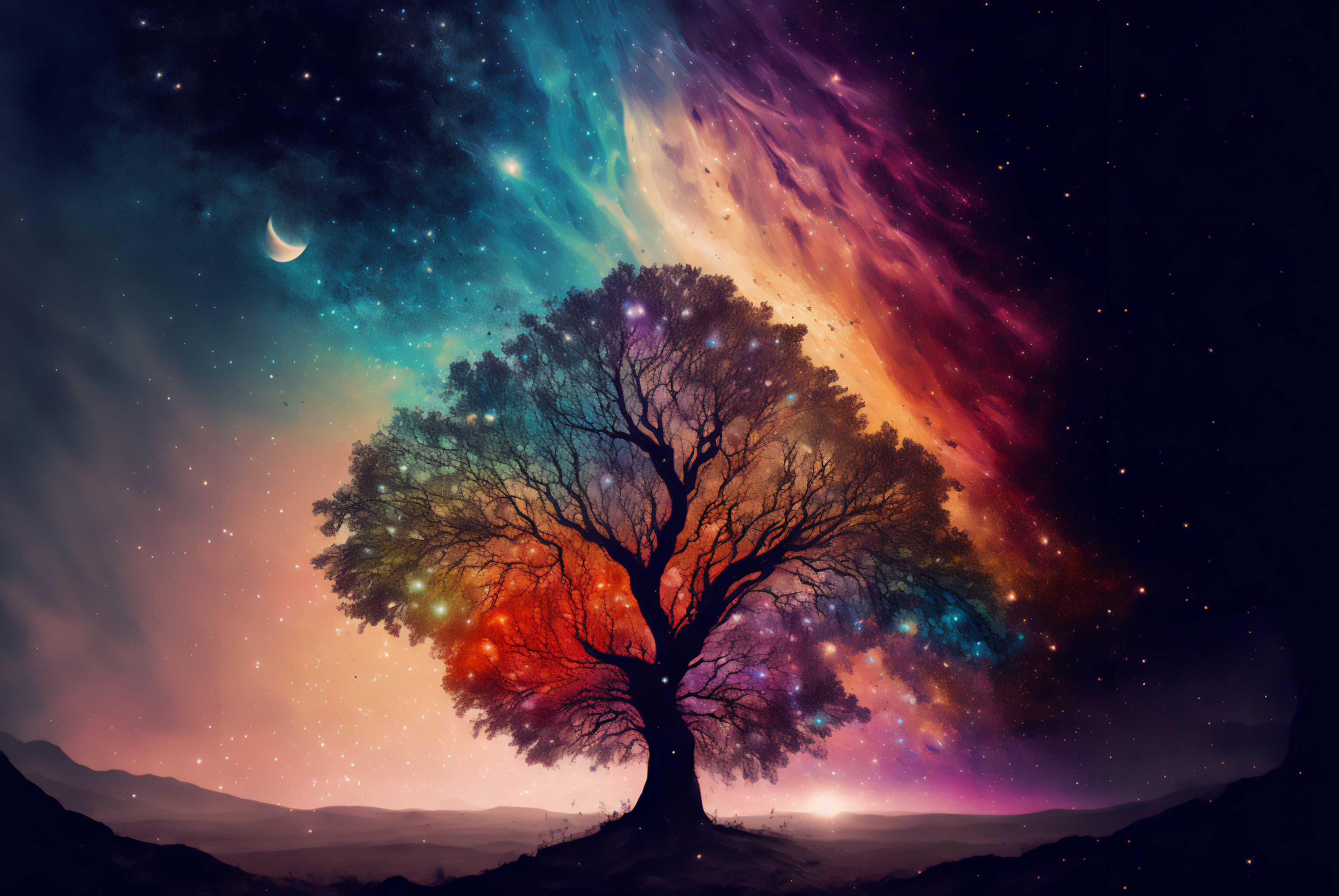 Ai Art Illustration Trees Color Burst Night Stars Sky Colorful 3060x2048