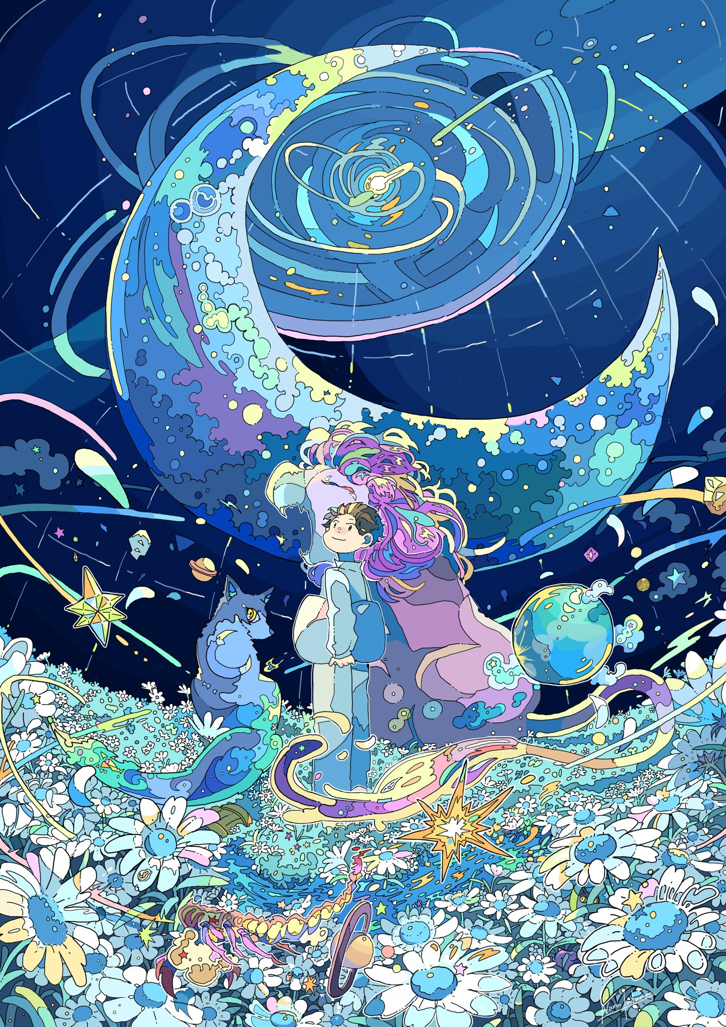 Moon Wolf Anime Boys Animals Stars Flowers 1448x2048