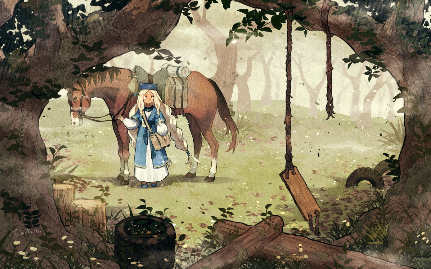 Horse Anime Girls Swing Animals Trees Grass Leaves Flowers Wood Braided Hair Twintails Tire Forest 1389x868