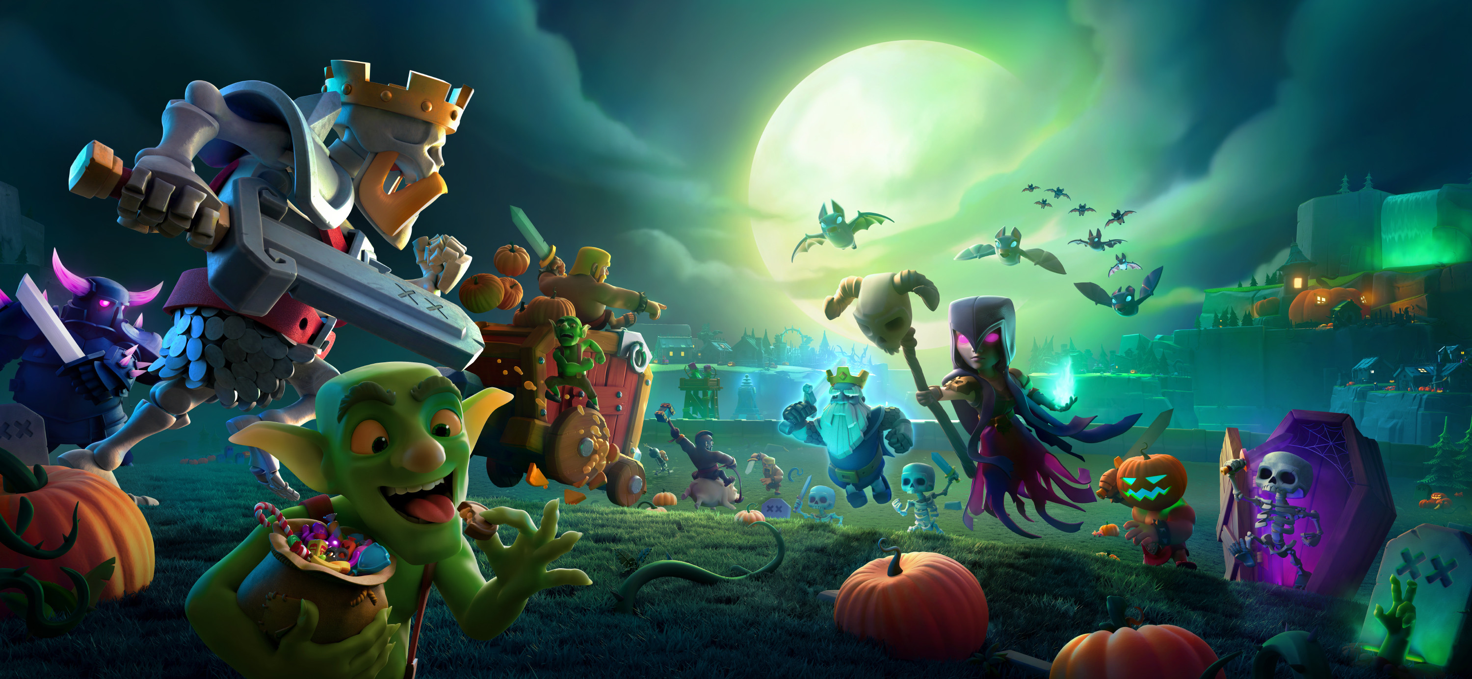 Clash Of Clans Loading Screen Bats Goblin Halloween Video Game Art Moon Pumpkin Skeleton Battle Nigh 3000x1385