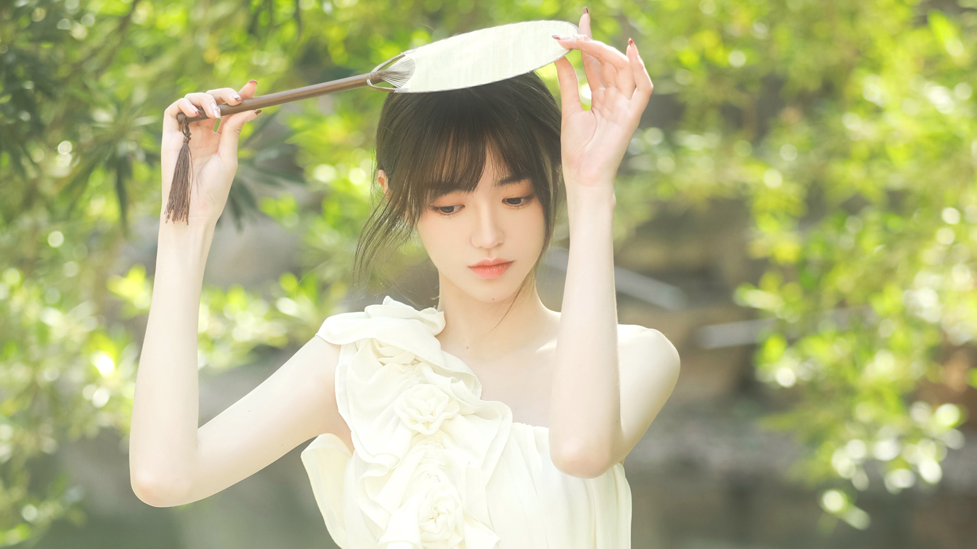 Asian White Clothing Leaves Trees Black Hair Outdoors 1920x1080