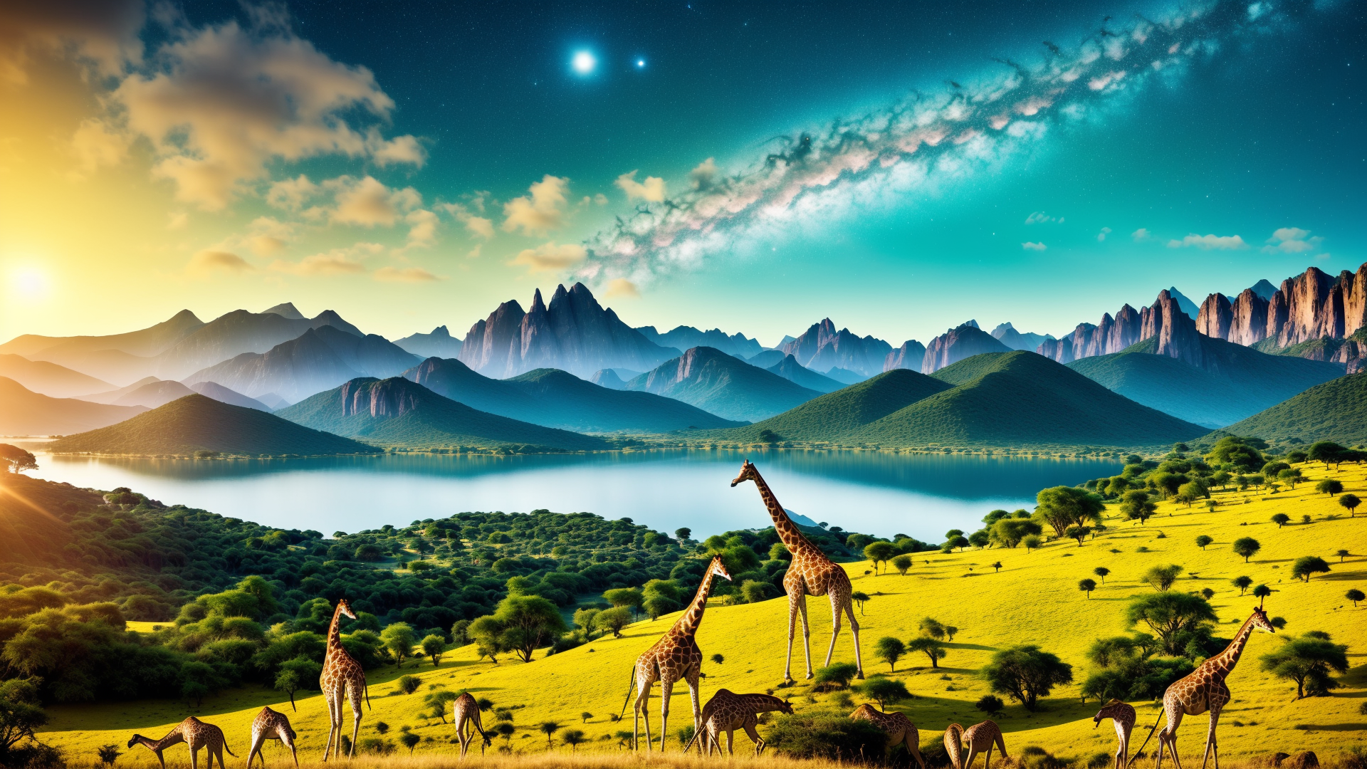 Ai Art Digital Art Giraffes Landscape Lake Mountains Galaxy Sky Clouds Animals Nature 1920x1080