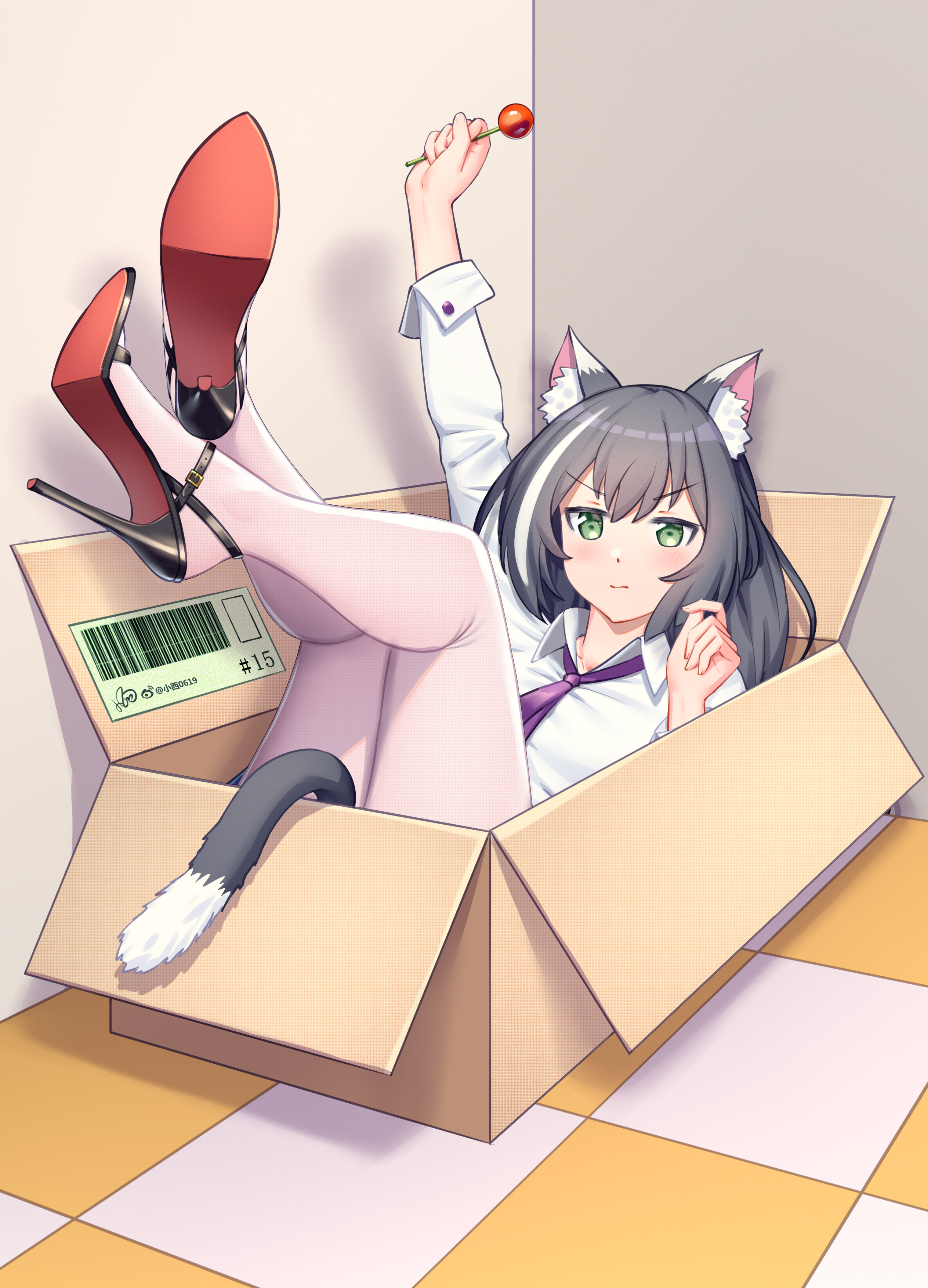 Cat Girl Shoe Dangle No Socks Vertical Anime Girls Cat Ears Cat Tail Cardboard Box Heels Two Tone Ha 2528x3508