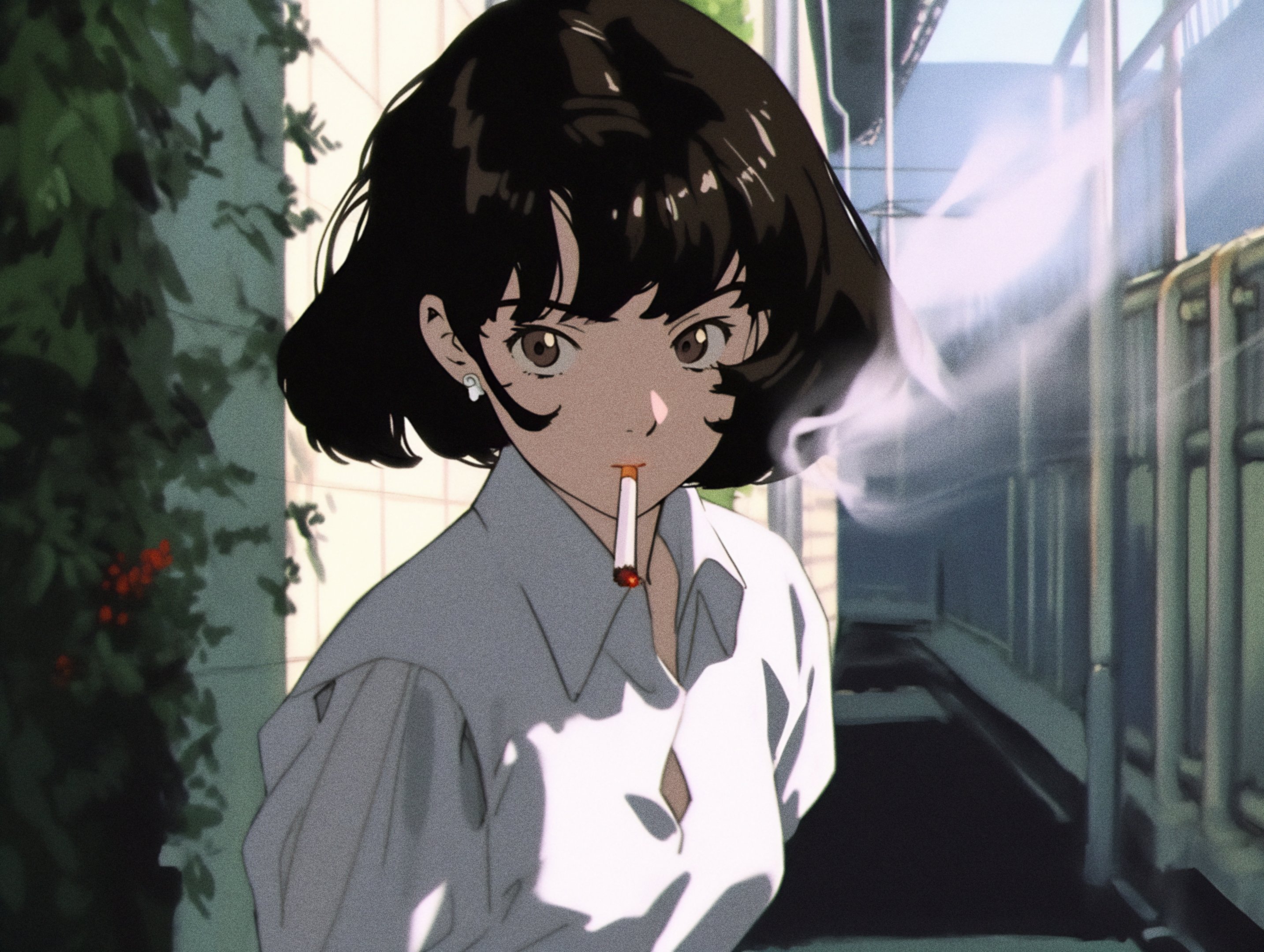 Axynchro Retro Style Anime Girls Earring Smoking Cigarettes Looking At Viewer Short Hair Brunette Br 2867x2160