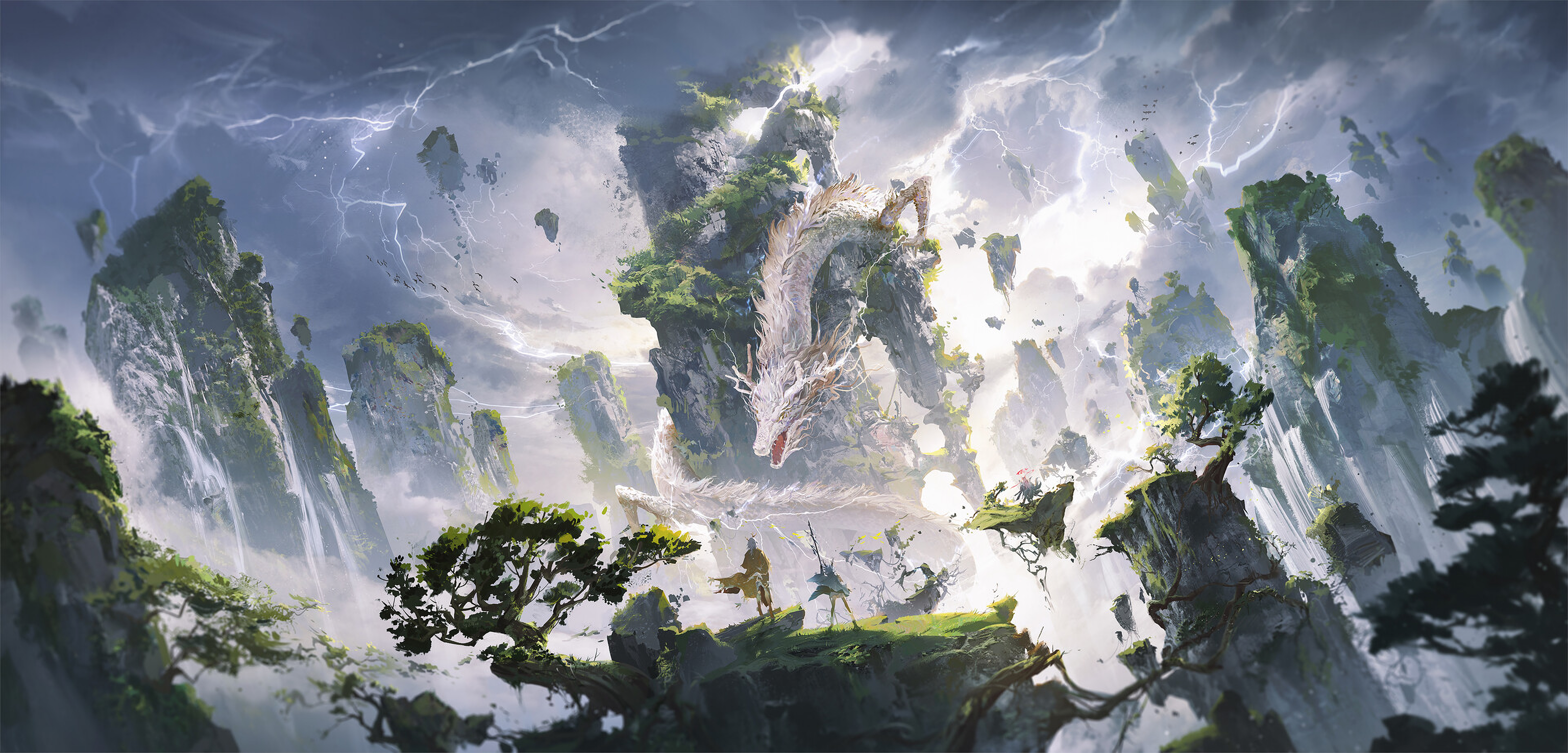 Ying Yi Illustration Dragon Chinese Dragon Loong Mountains Pine Trees Lightning 3072x1476