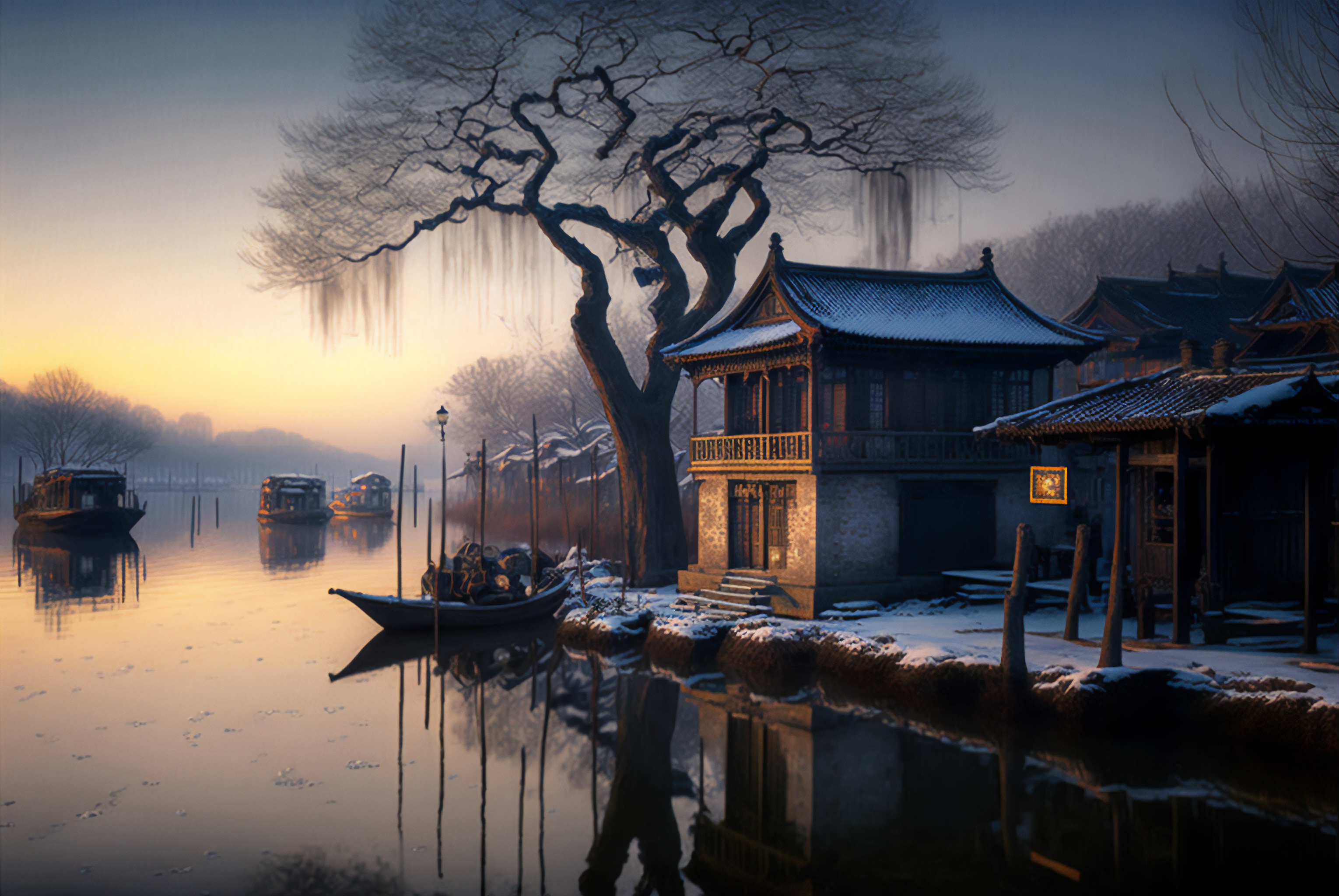Ai Art Winter Snow Frost Japan Village Boat Water Reflection 3060x2048