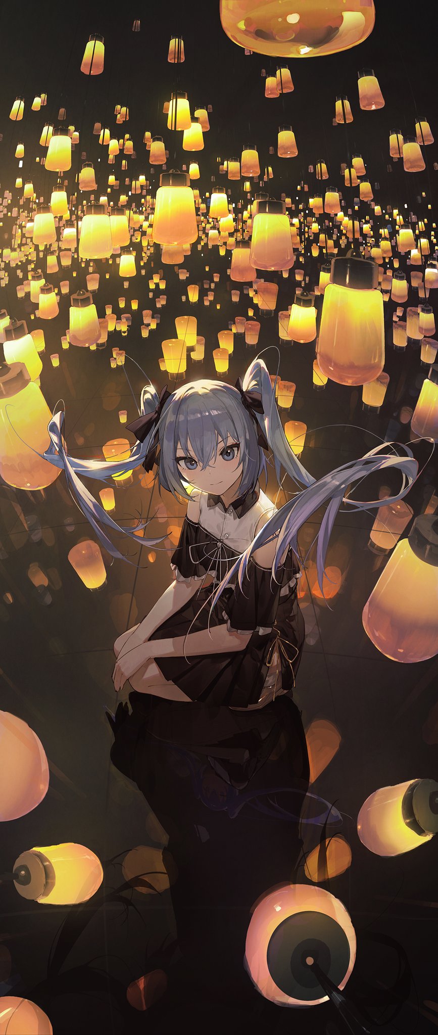 Anime Anime Girls Portrait Display Twintails Long Hair Dress Looking At Viewer Lantern Silver Hair S 867x2048