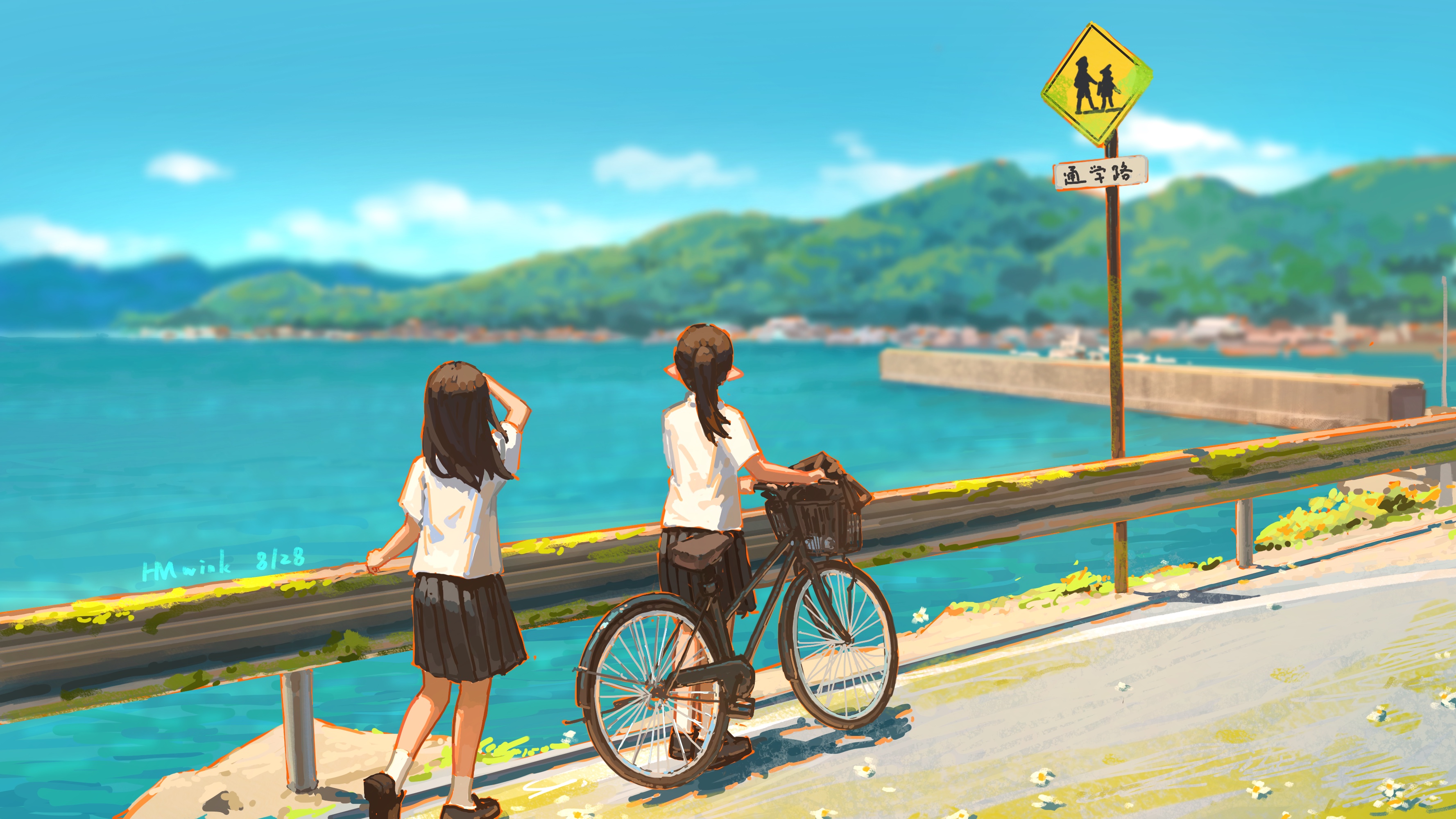 Hua Ming Wink Anime Anime Girls Bicycle Road Sea Original Characters School Uniform Black Hair Schoo 3555x2000