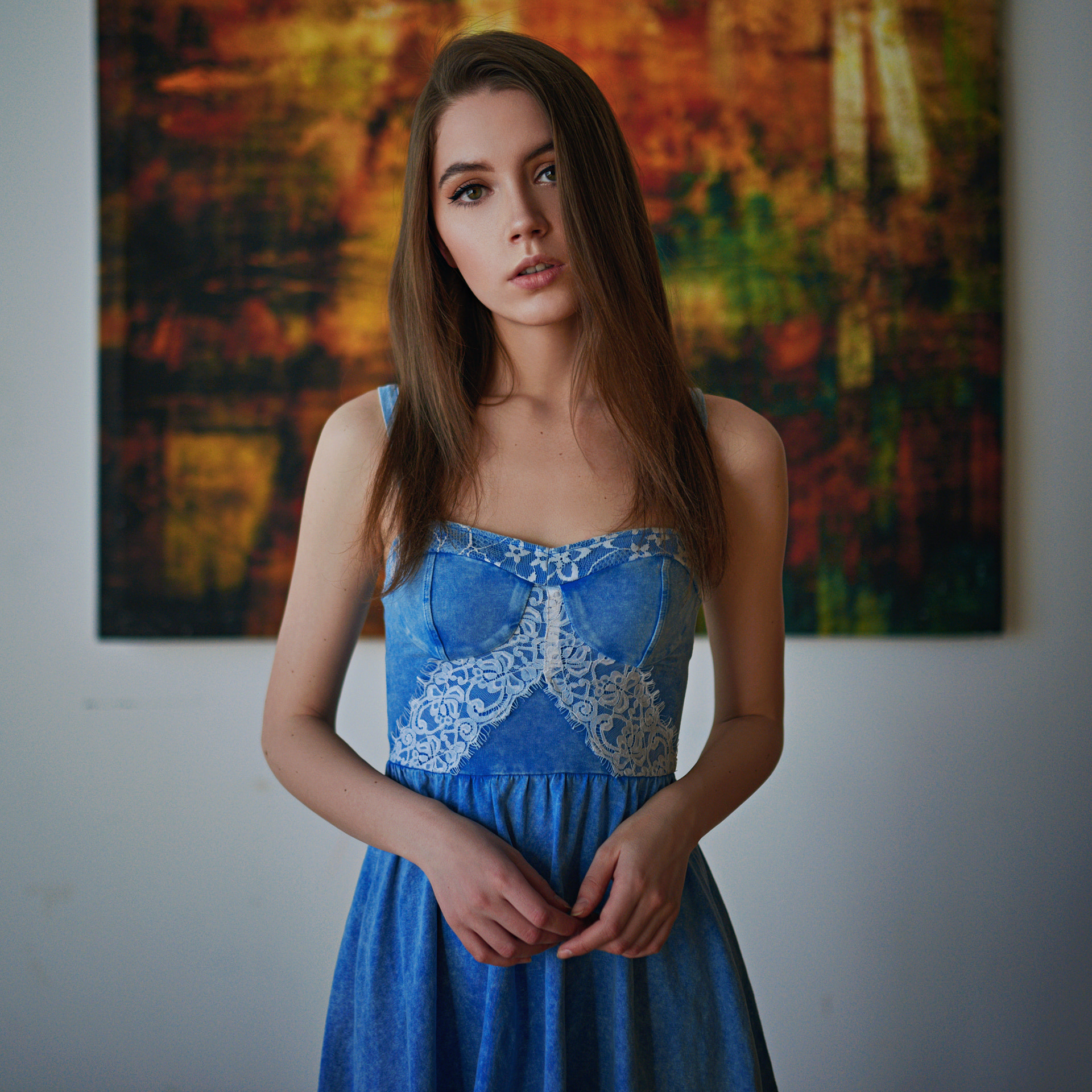 Sergey Zhirnov Women Ksenia Kokoreva Brunette Long Hair Dress Blue