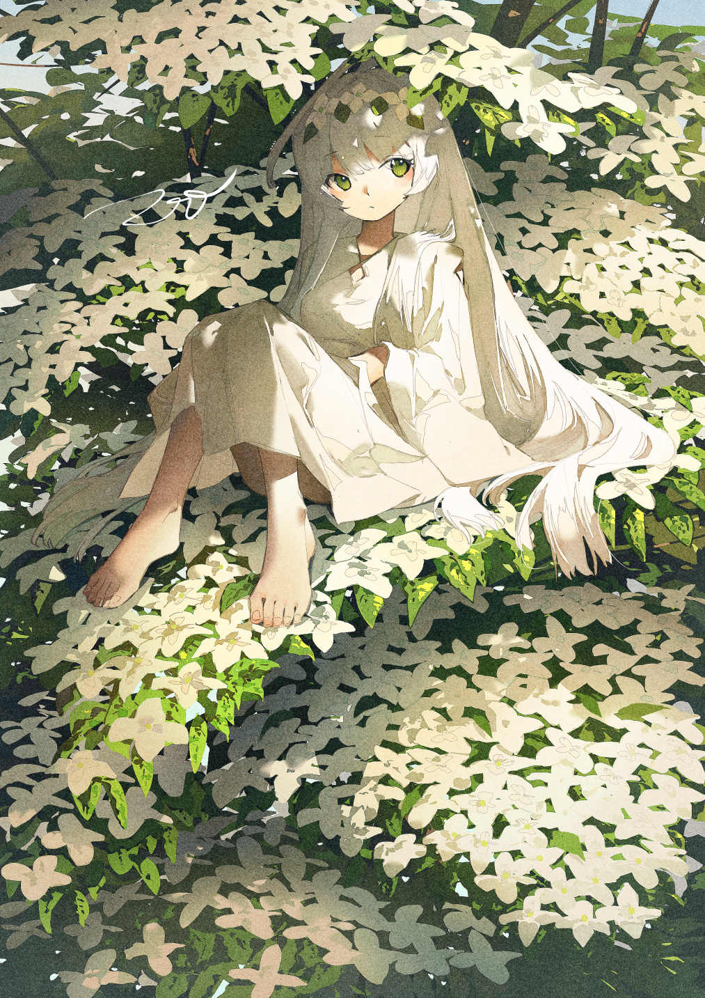 Potg Pixiv Anime Girls Portrait Display Long Hair Looking At Viewer Flowers Feet Sitting 1013x1433