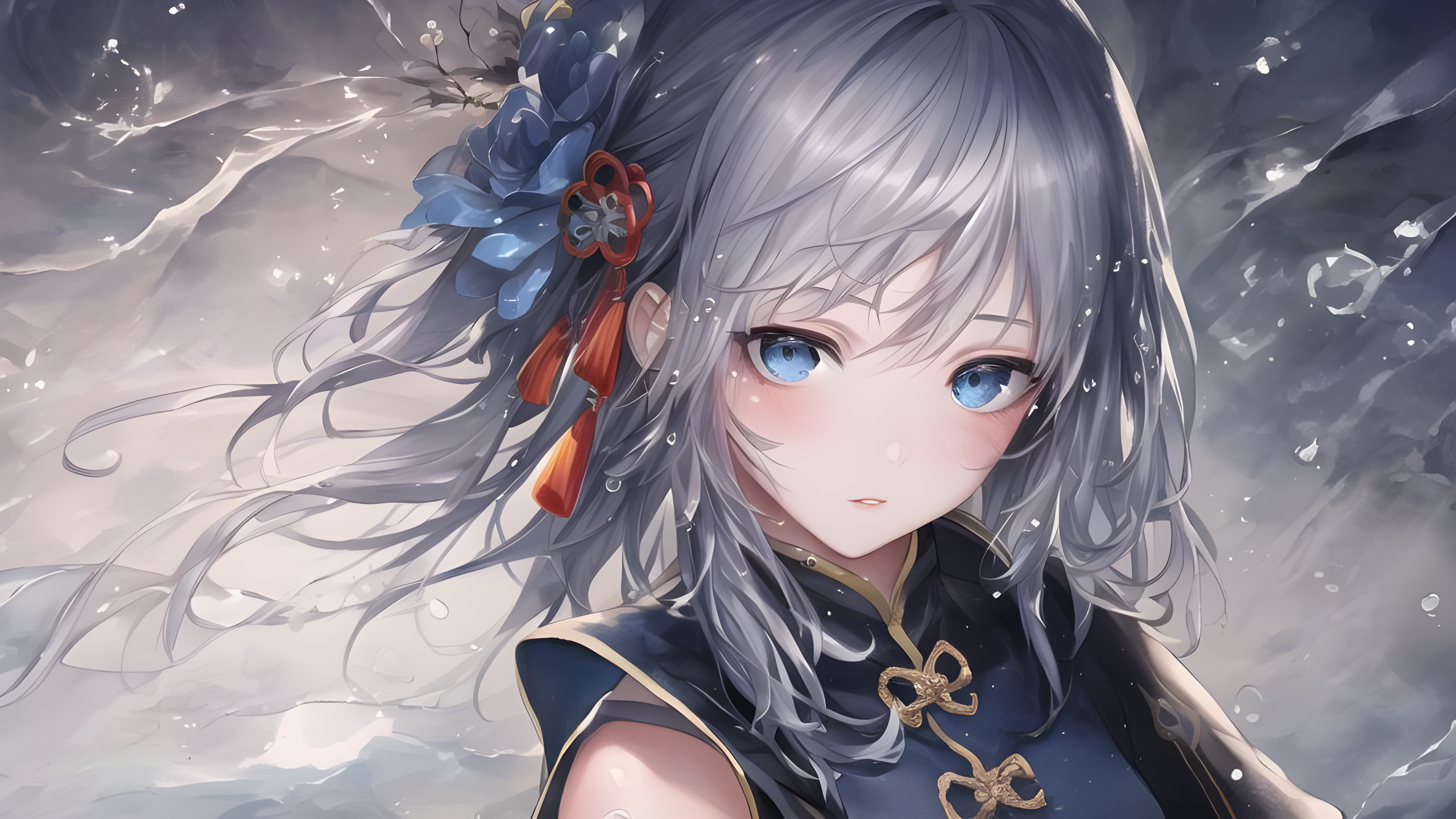 Kristin Lina Digital Art Himmel Tseng Anime Girls Water Drops Flower In Hair Blue Eyes Silver Hair 2560x1440