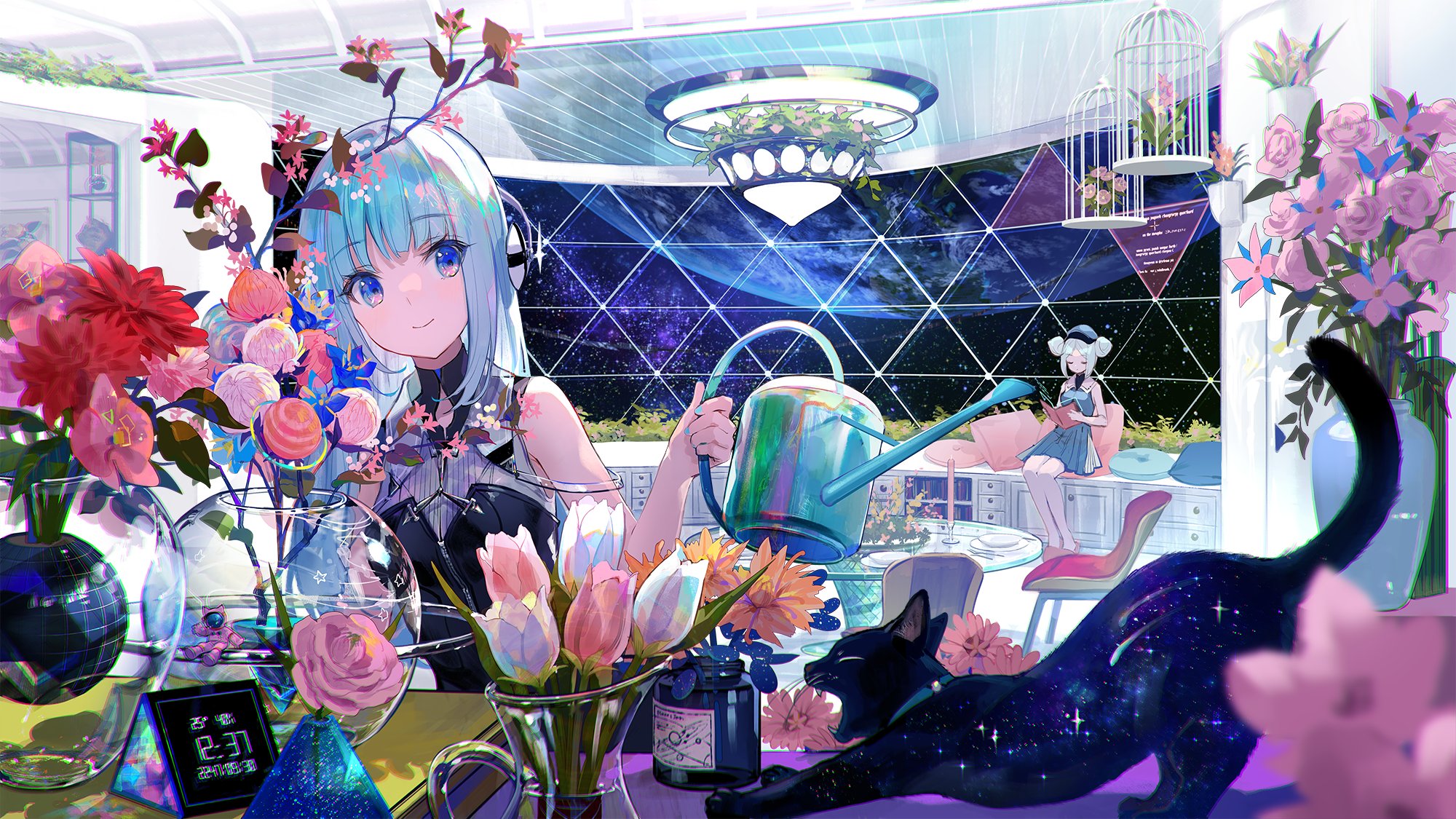 Fuji Choko Anime Girls Cats Animals Flowers Blue Hair Blue Eyes Space 2000x1125