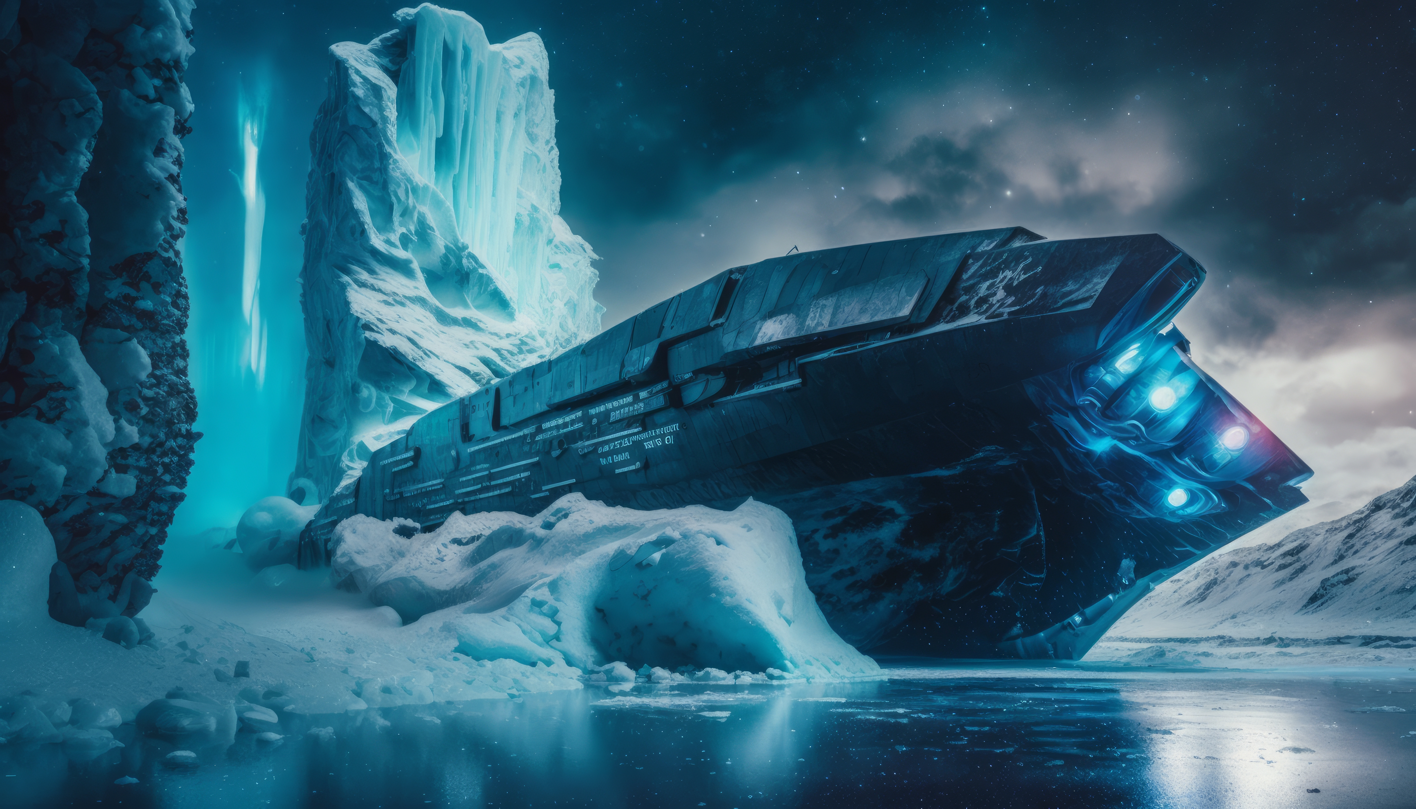 Ai Art Illustration Science Fiction Spaceship Ice Futuristic Water Stars Starry Night 4579x2616