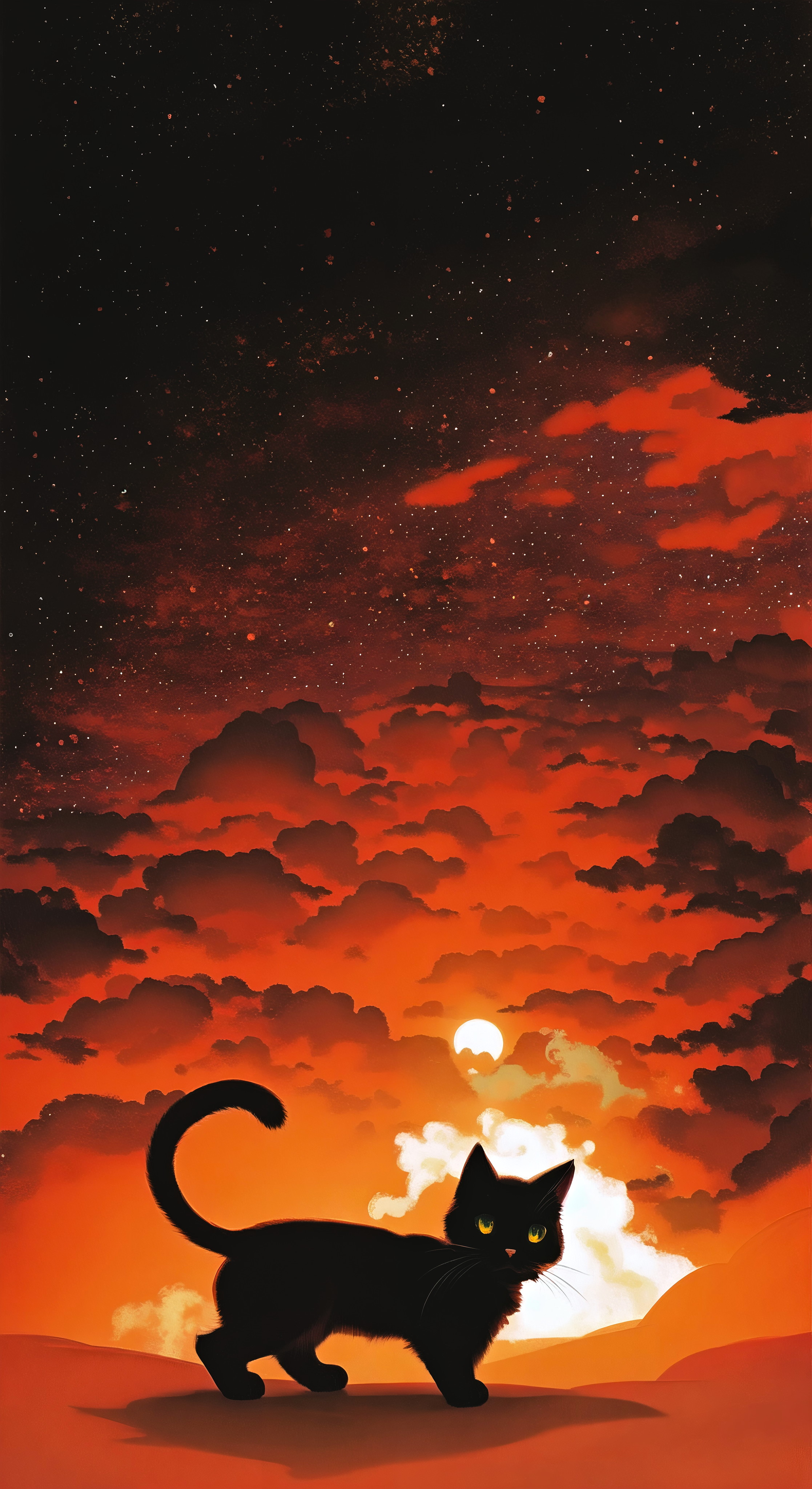 Ai Art Stable Diffusion Cats Vertical Stars Twilight Red Background Clouds Animals 2234x4096