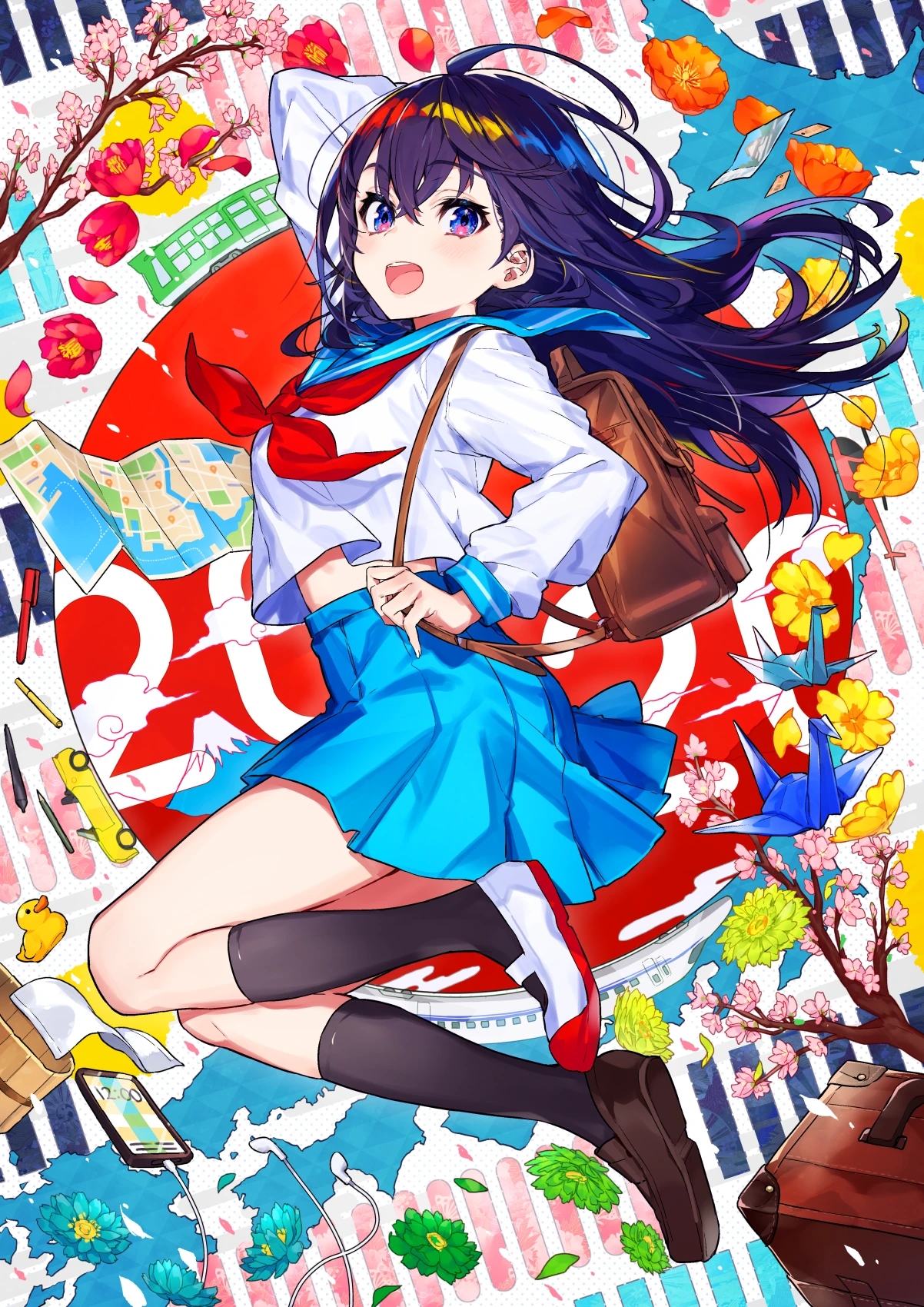 Mika Pikazo Anime Anime Girls Long Hair Schoolgirl School Uniform Colorful Vertical Flowers 1202x1700
