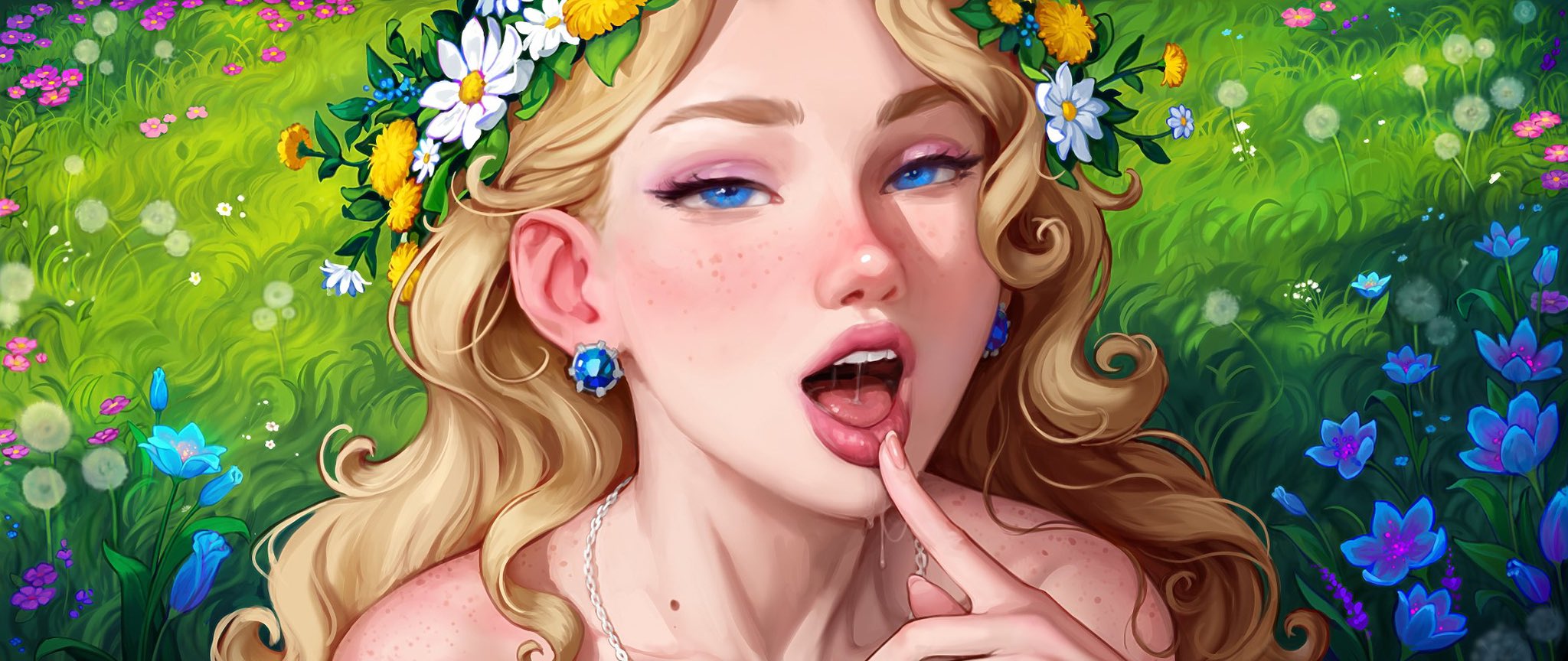 Blonde Blue Eyes Saliva Open Mouth Flowers Flower Crown Looking At Viewer Grass Earring Tongues 2048x864