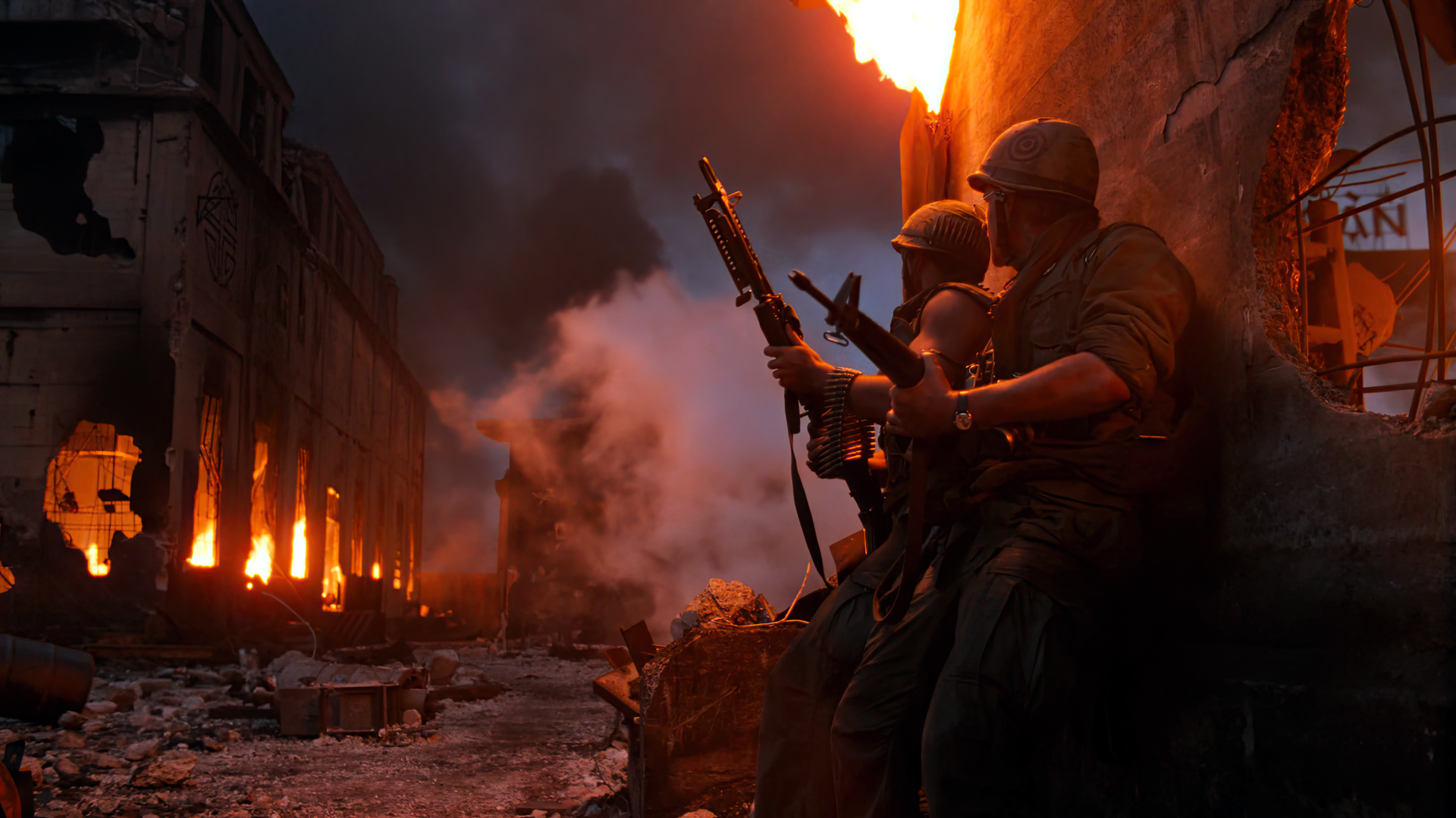 Full Metal Jacket Movies Film Stills Vietnam War Soldier Fire Ruins Smoke Helmet Stanley Kubrick 1920x1080