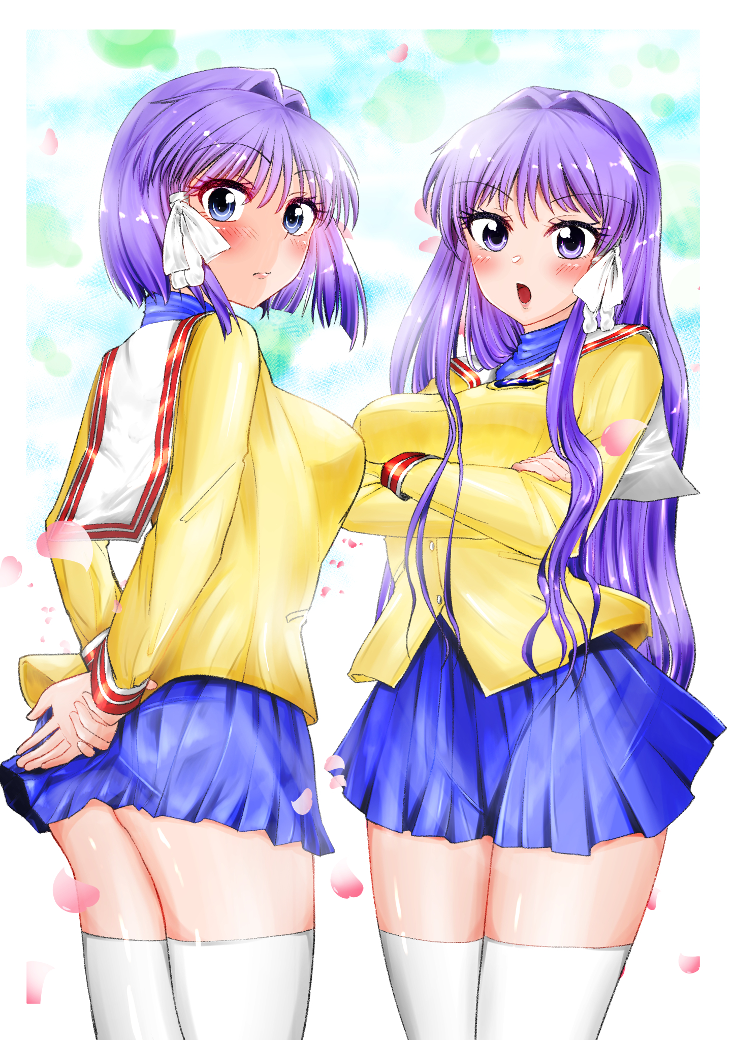 Anime Anime Girls Clannad Fujibayashi Kyou Fujibayashi Ryou Twins Long Hair Short Hair Purple Hair A 1447x2047