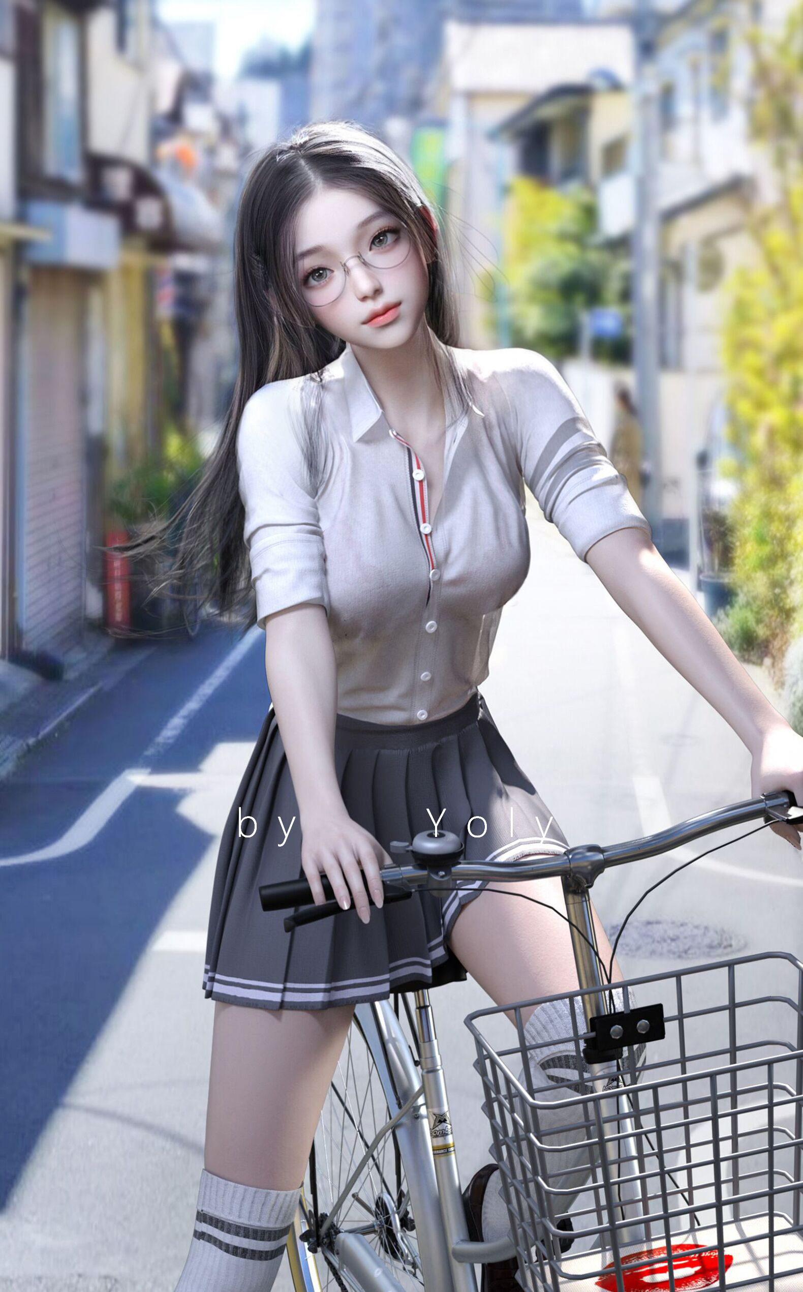 Yoly School Skirt School Uniform Schoolgirl Bicycle JK Model CGi Digital Art Fantasy Girl Fantasy Ar 1580x2541
