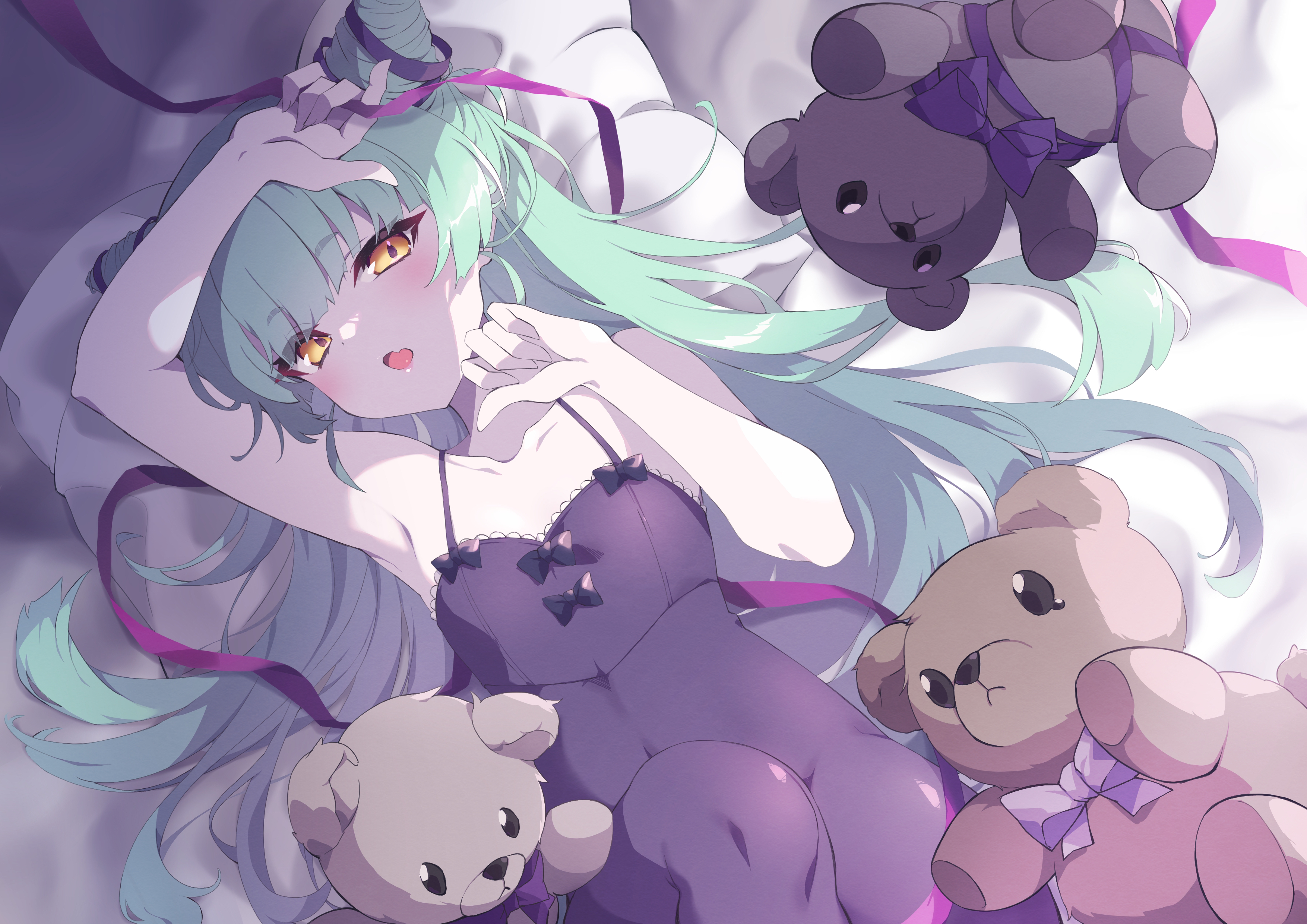 Anime Girls Anime Lying On Back Lying Down Teddy Bears Long Hair Looking At Viewer Pillow Blushing 3508x2480