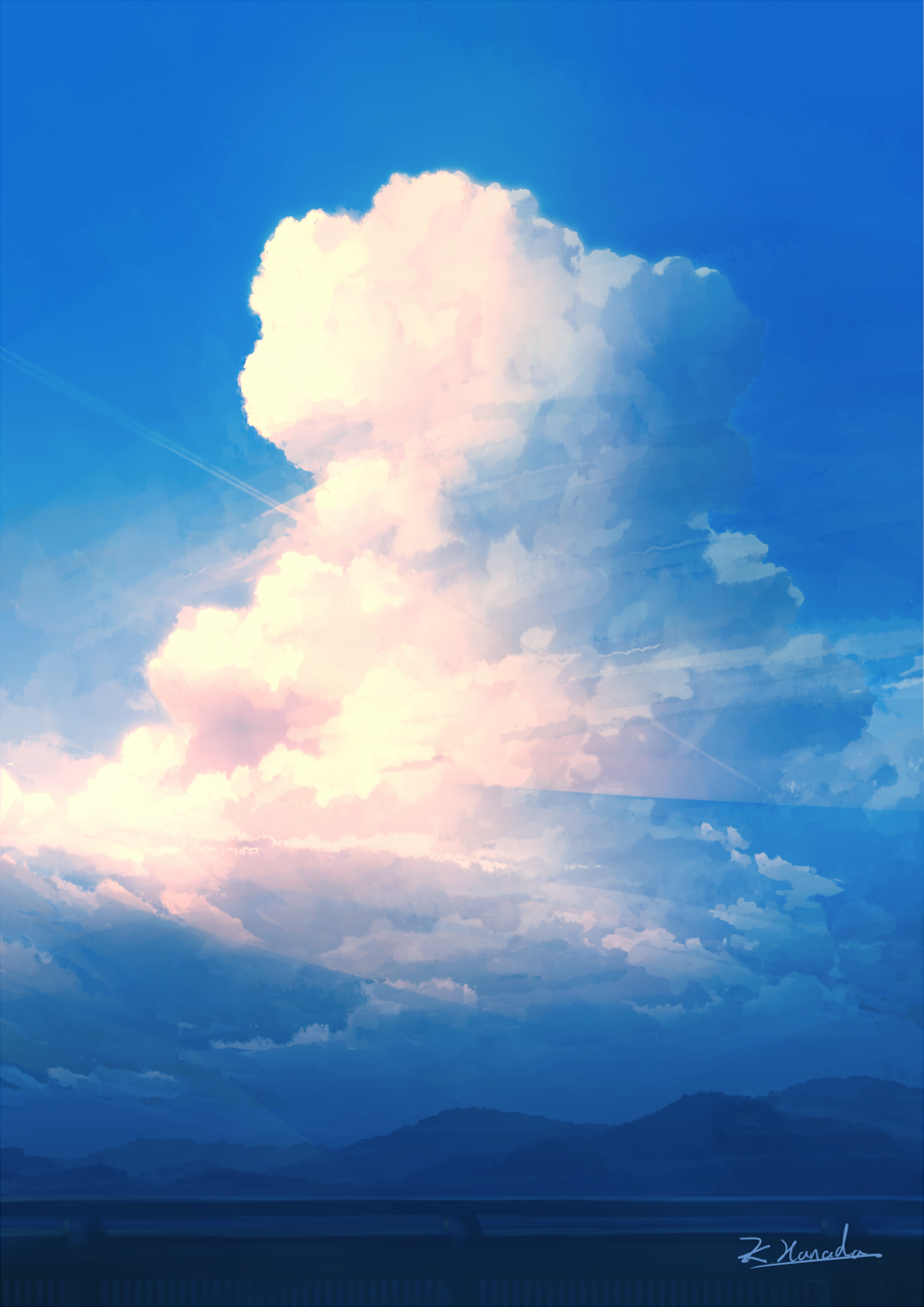 Pixiv Artwork Portrait Display Clouds Mountains Sky 919x1300