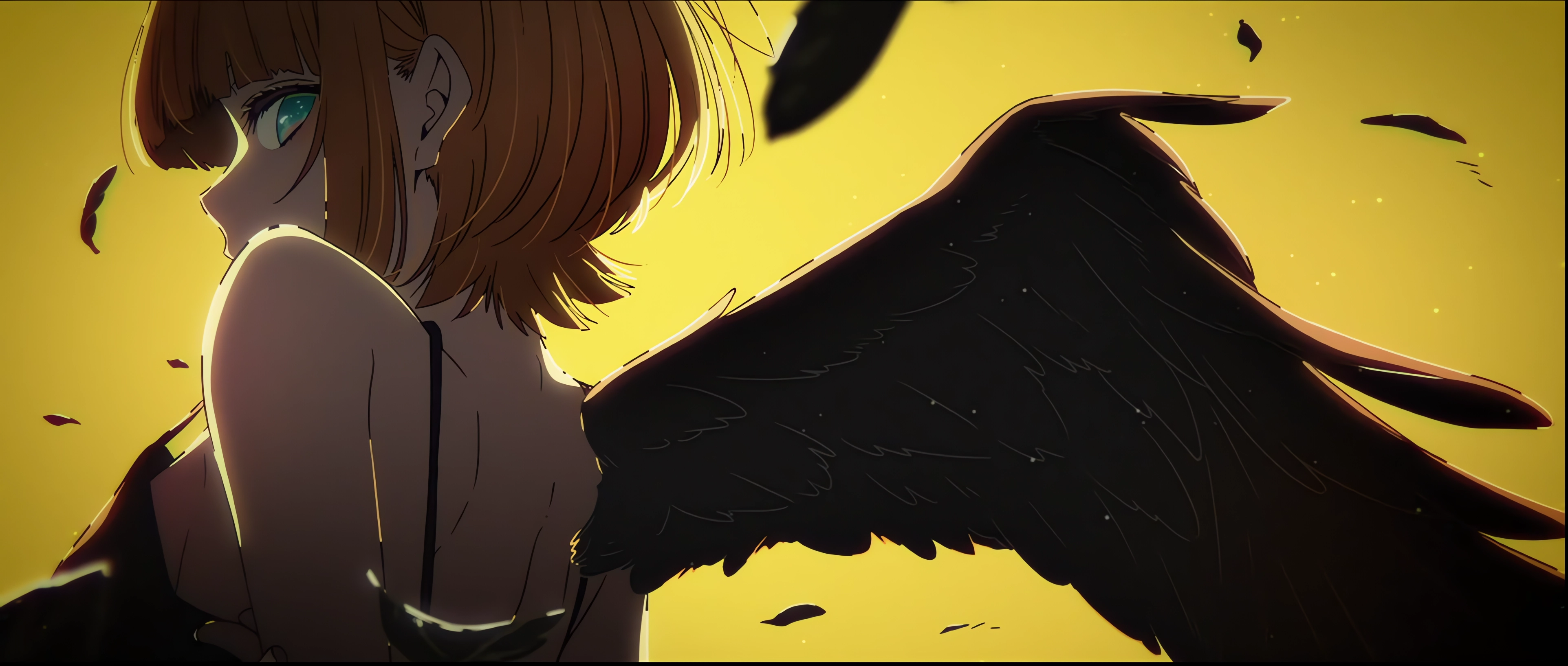 Oshi No Ko Mem Cho Looking At Viewer Wings Anime Girls Minimalism Yellow Background Simple Backgroun 3848x1636