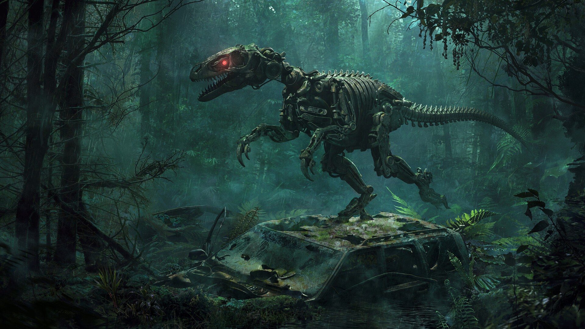 Dominic Van Velsen CGi Raptor Dinosaurs Science Fiction Mech Animals Forest Red Eyes Derelict 1920x1080
