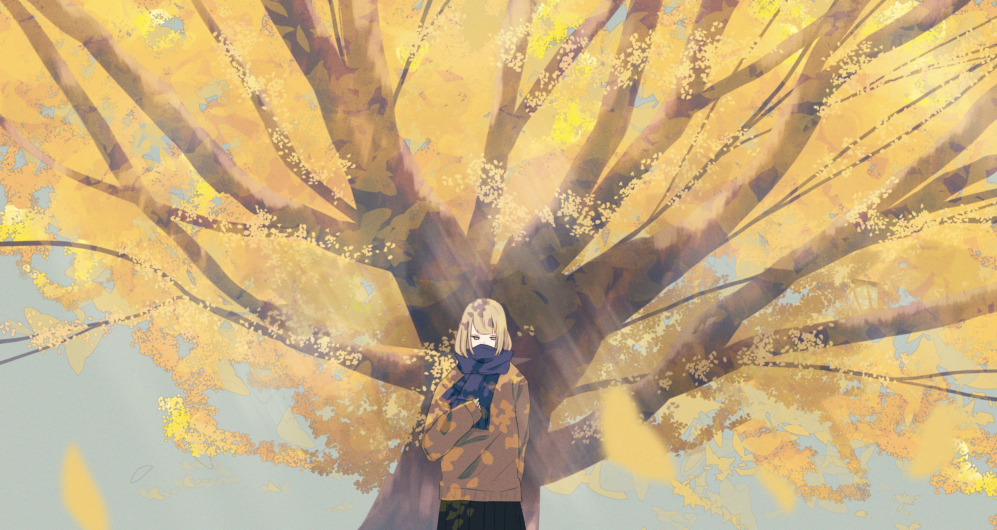 Tree Bark Standing Anime Girls Scarf Trees Leaves Short Hair Blonde Sunlight 4096x2179