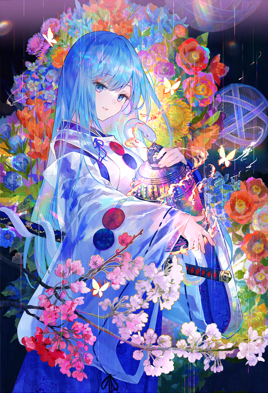 Anime Pixiv Anime Girls Long Hair Blue Hair Blue Eyes Portrait Display Flowers Kimono Sword Weapon S 908x1333