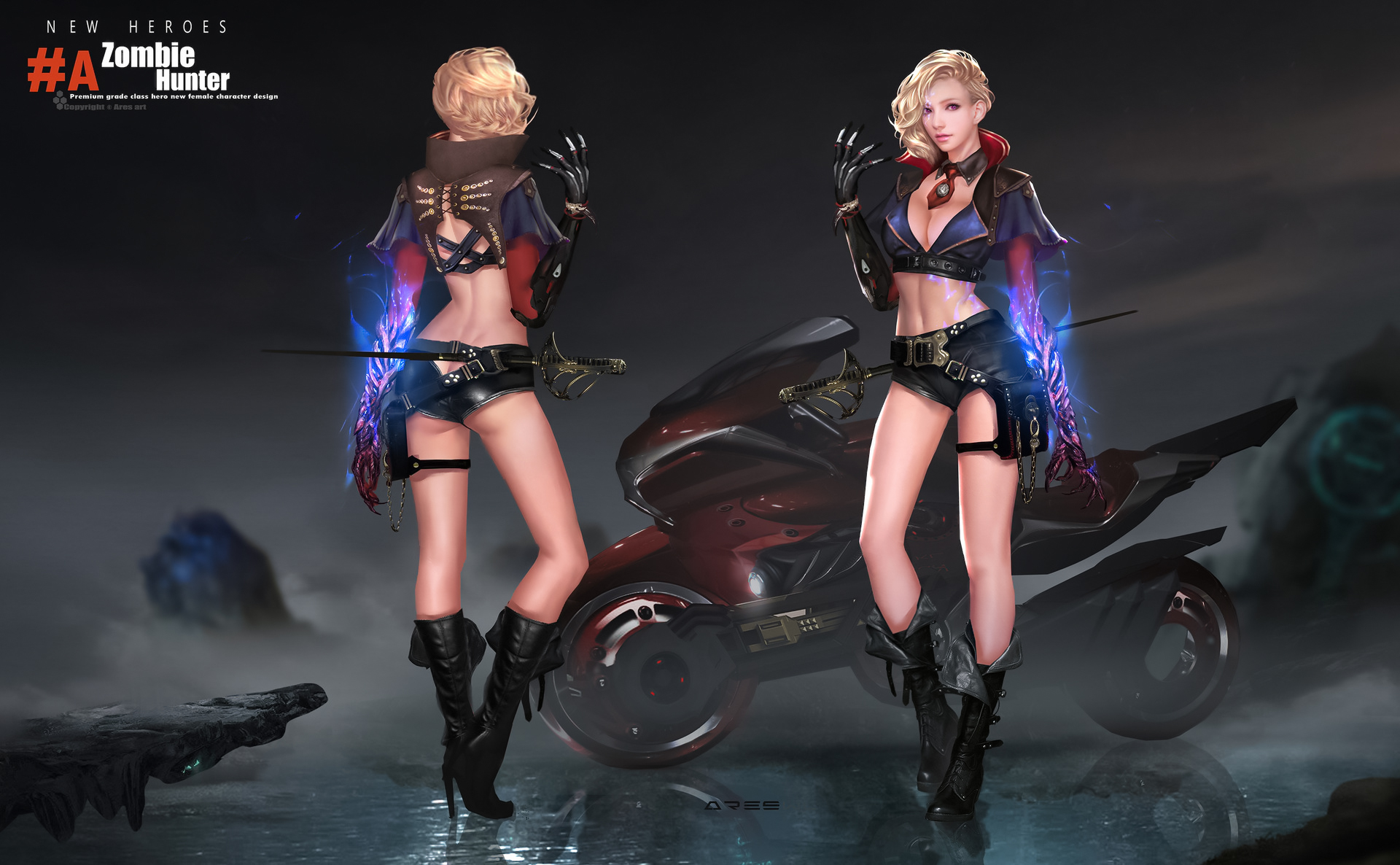 Ares Artist Drawing Women Blonde Short Hair Shorts Boots Motorcycle Concept Art 1920x1186