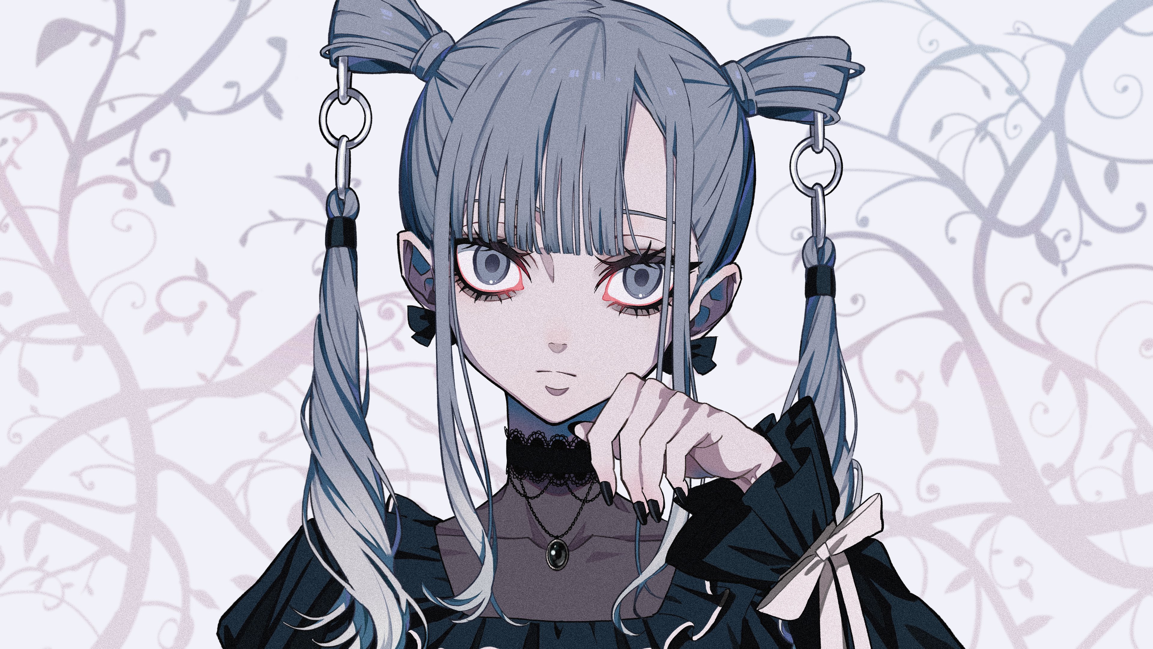 Anime Girls Looking At Viewer Silver Hair Gothic Twintails Simple Background Minimalism Choker Neckl 3840x2160